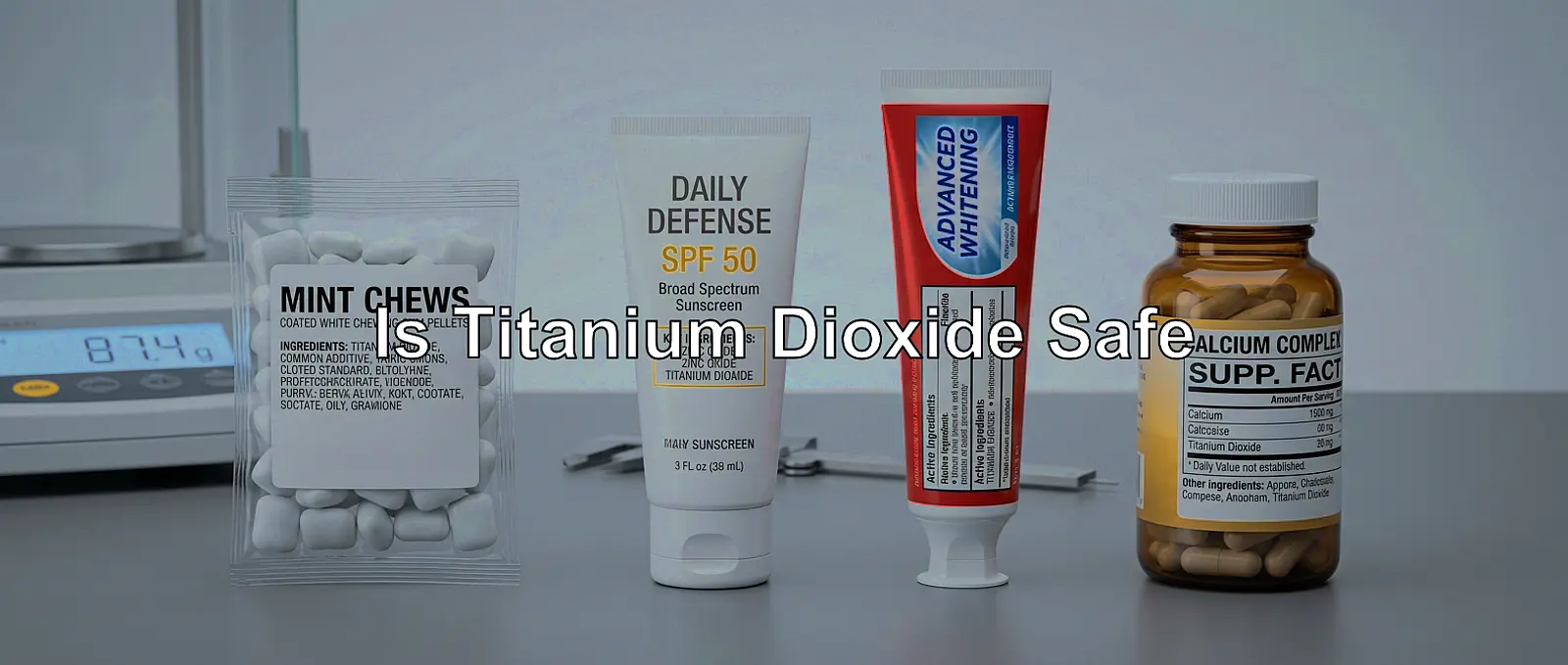 Studio shot: lineup of candy, sunscreen, toothpaste, and a capsule, all with titanium dioxide labels