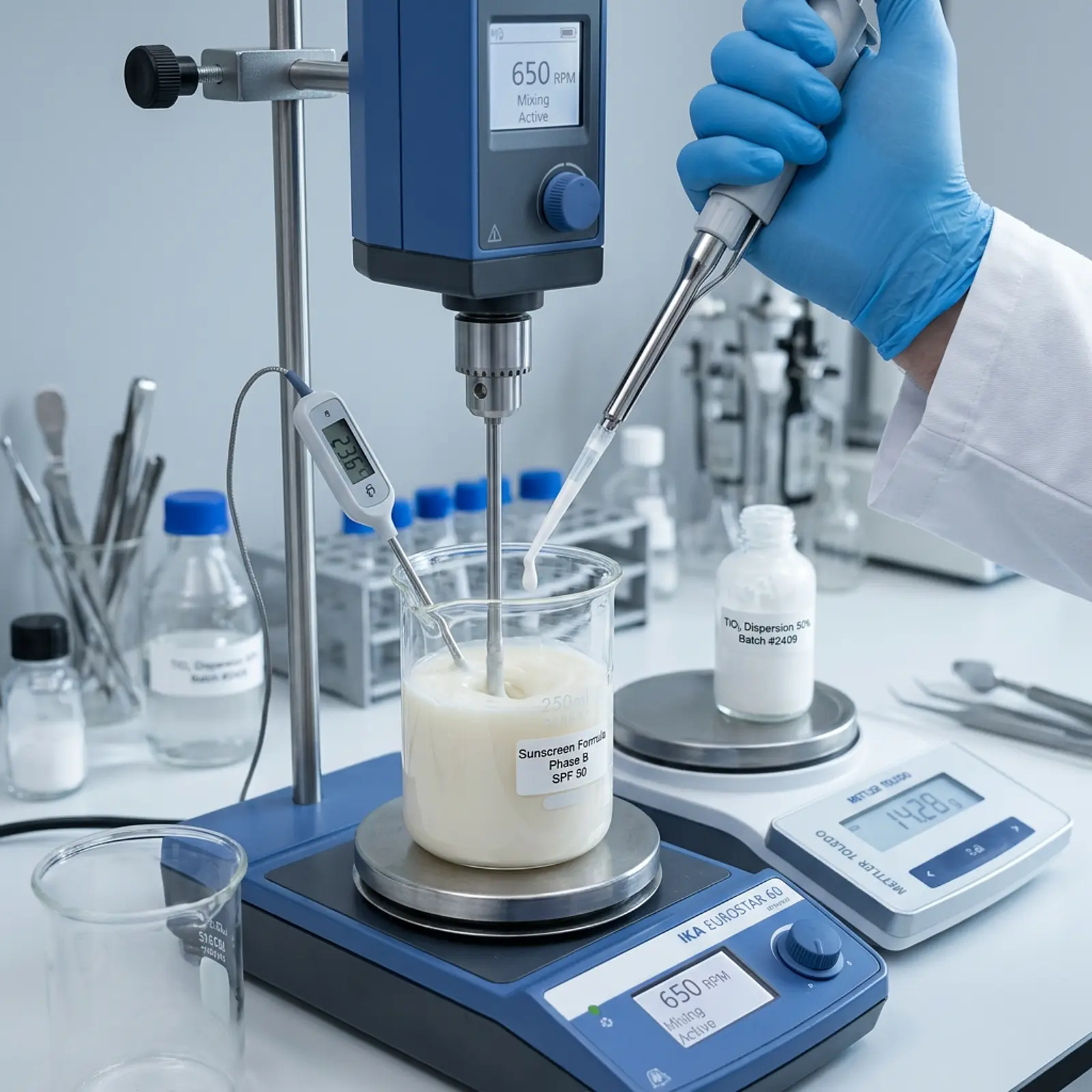 Chemist pouring titanium dioxide dispersion into a beaker for sunscreen formulation