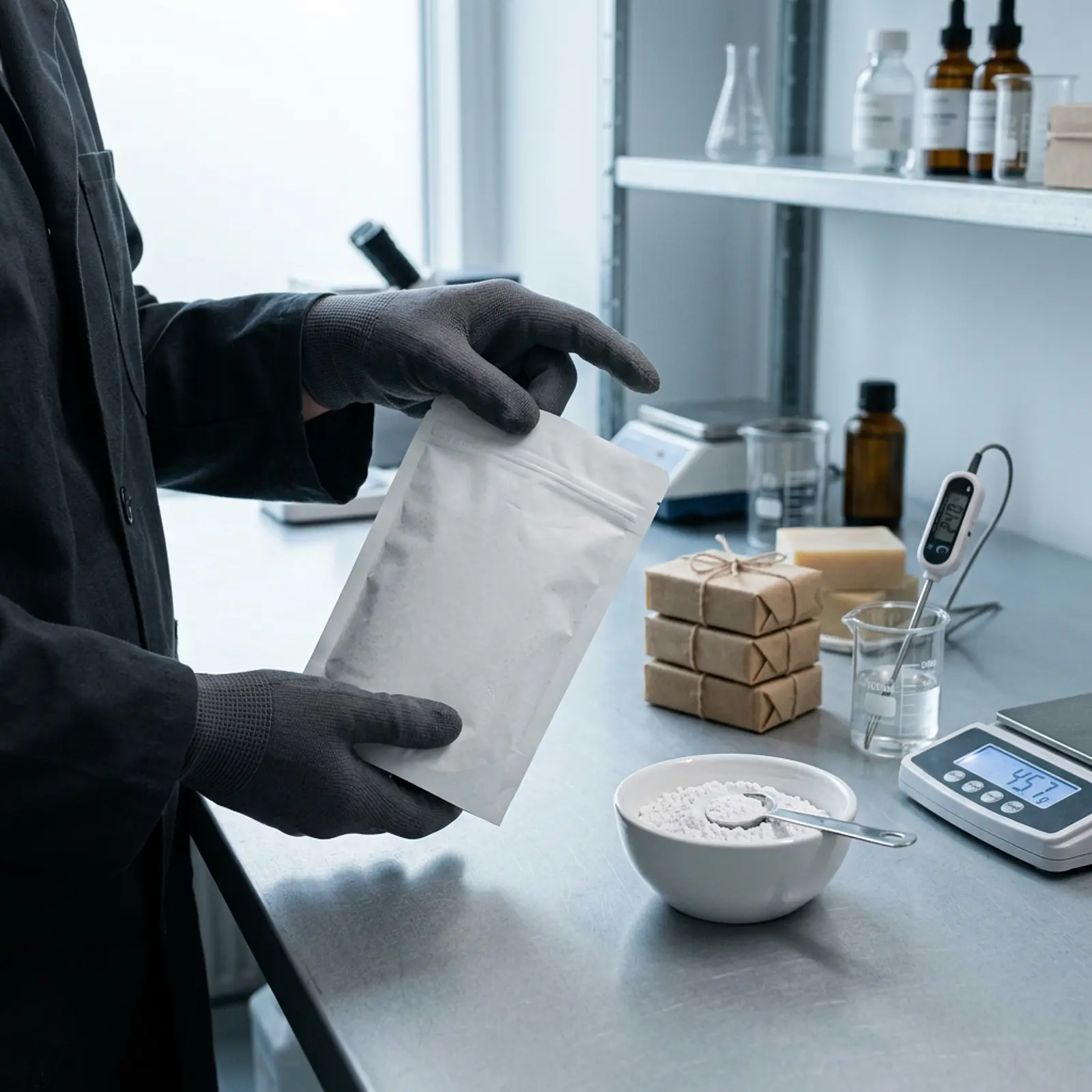 Macro shot: hands holding an unlabeled cosmetic ingredient bag next to a dish of white pigment.