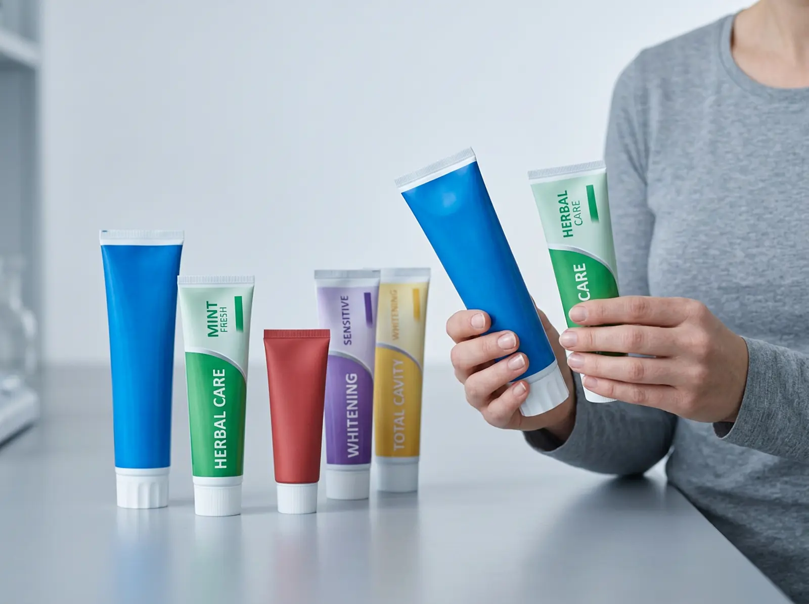 Unlabeled toothpaste tubes in various colors, a person comparing two packages.
