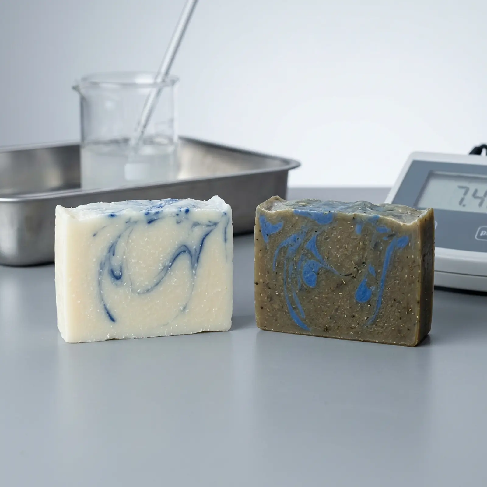 Two soap bars of the same color side by side on a light and a dark base, studio macro shot.