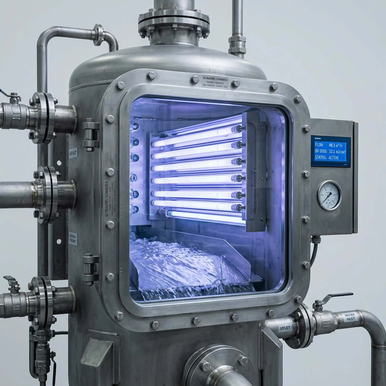 Industrial water treatment reactor with UV lamps above flowing water