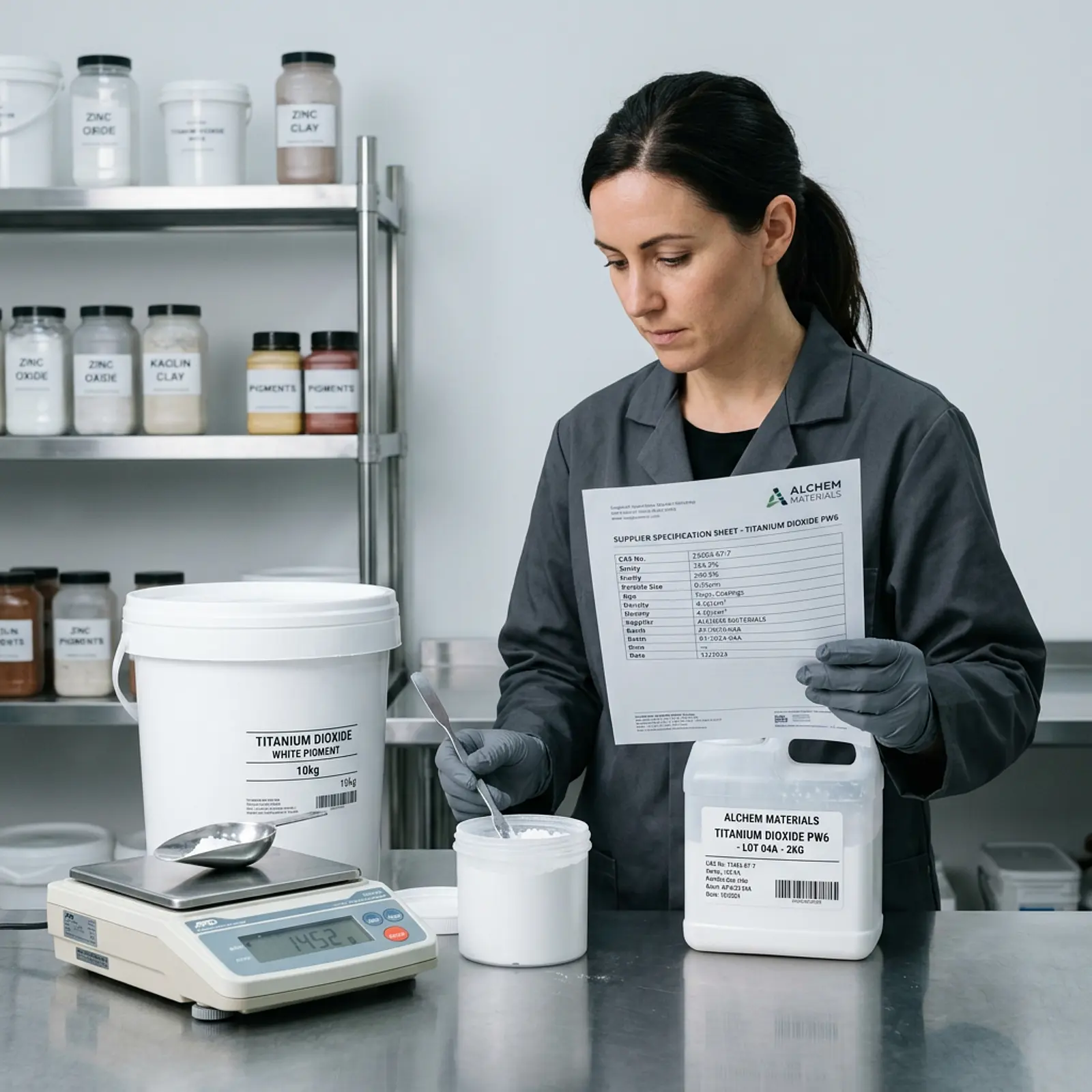 Close-up: shipping packaging, spec sheet, and white pigment containers.