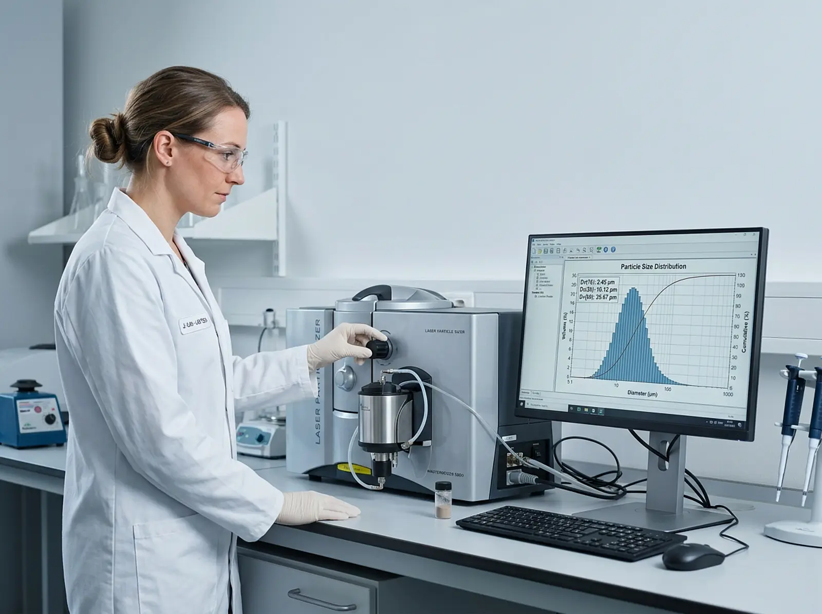 Technician operating laser particle size analyzer in clean studio lab with cool daylight lighting