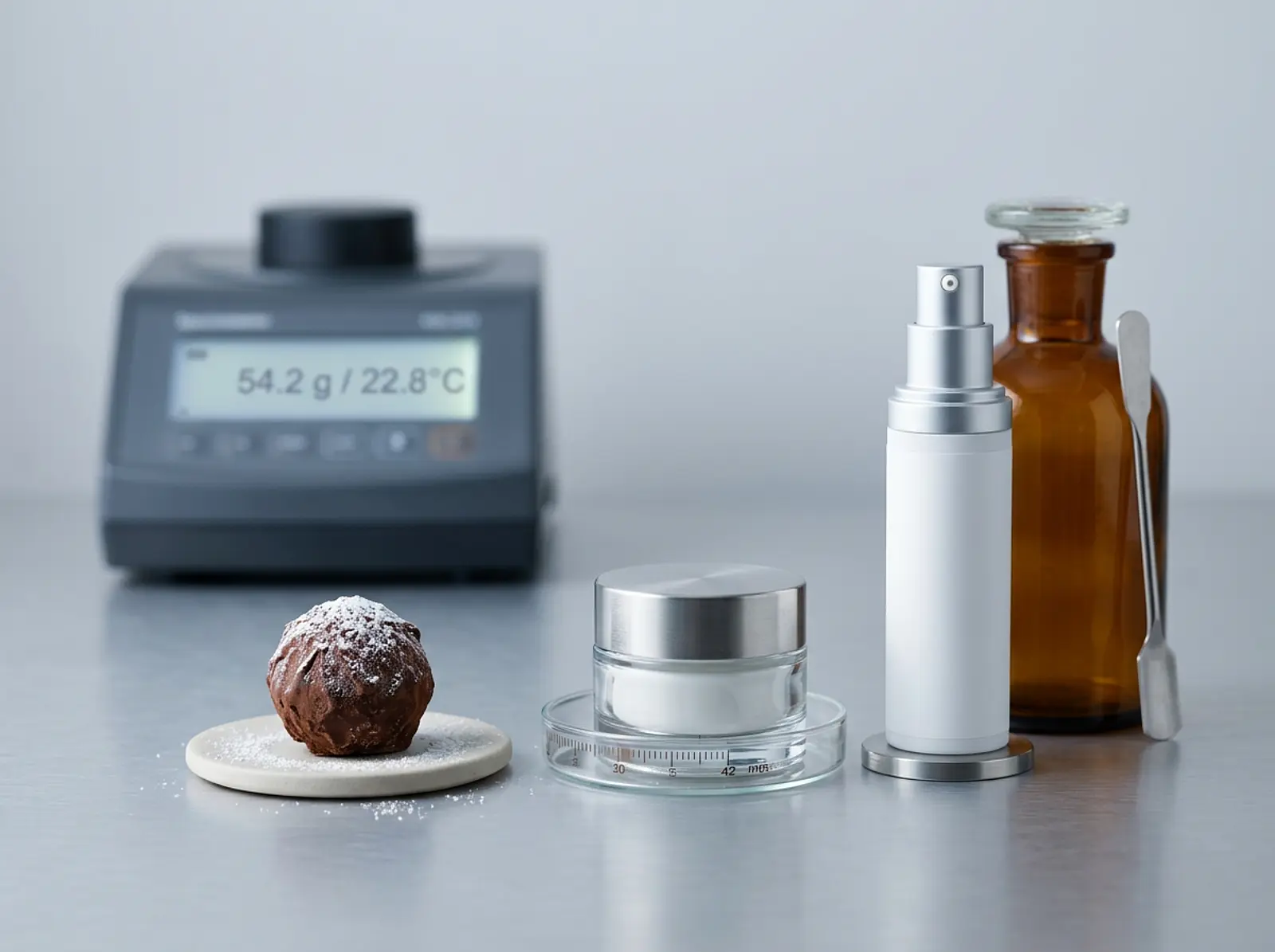 Photorealistic studio shot of a powder-dusted food product with cosmetic jars and sunscreen.