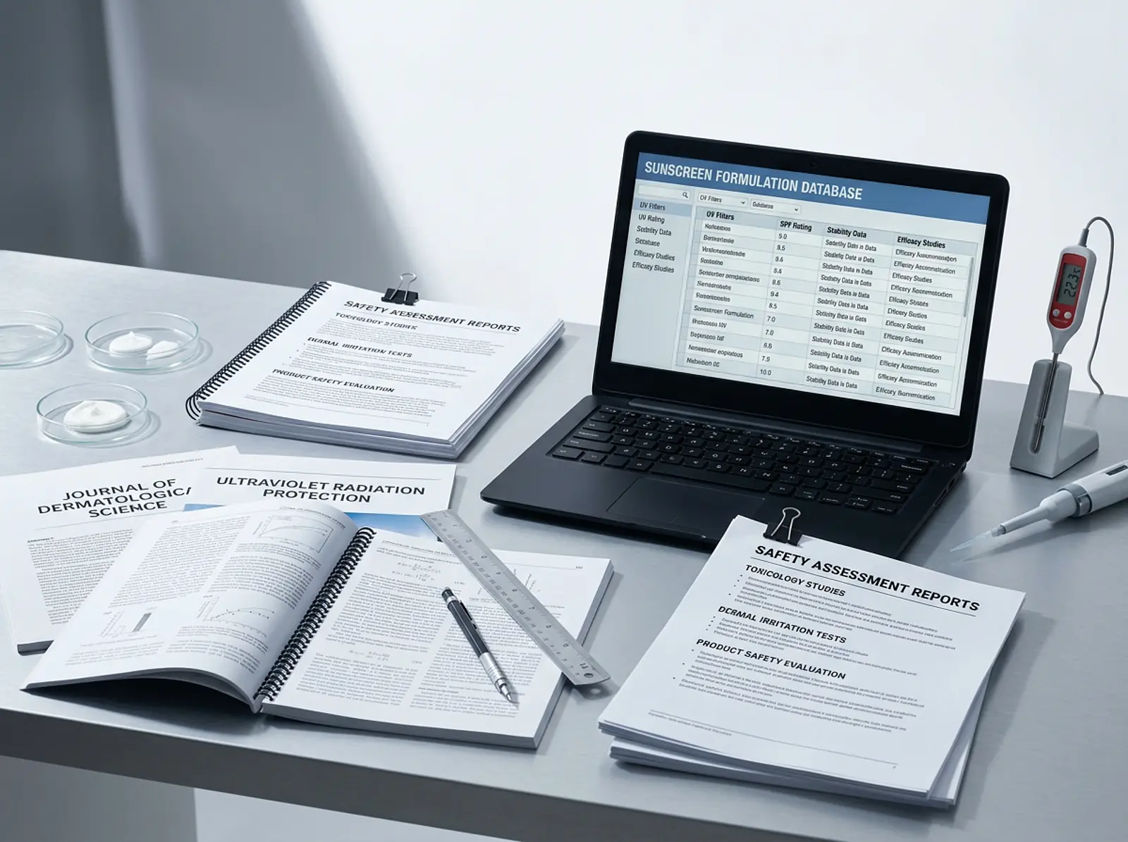 Workspace with open journals, safety reports, and a laptop showing a sunscreen ingredient database.