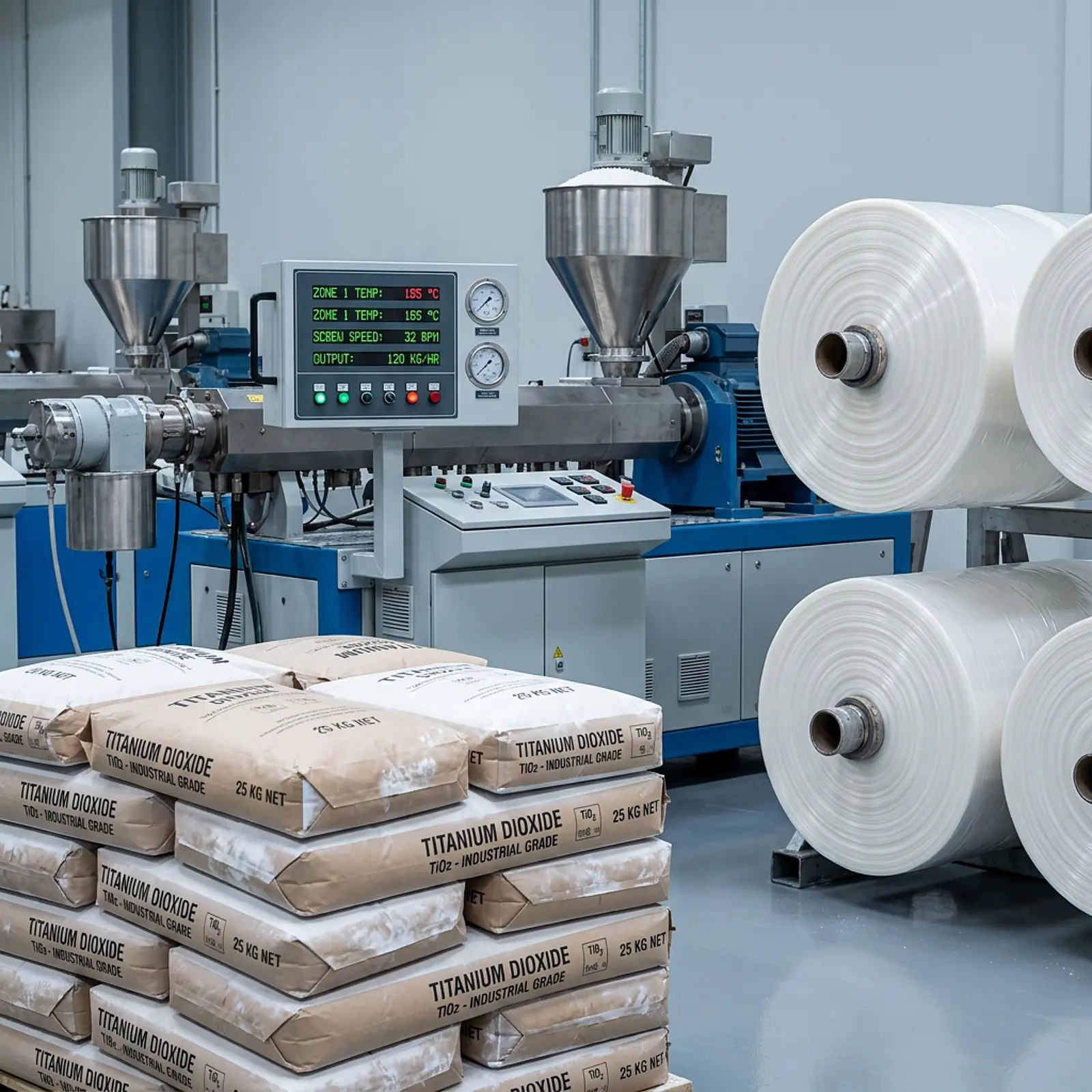 Factory floor with white plastic rolls and titanium dioxide bags beside an extrusion machine.
