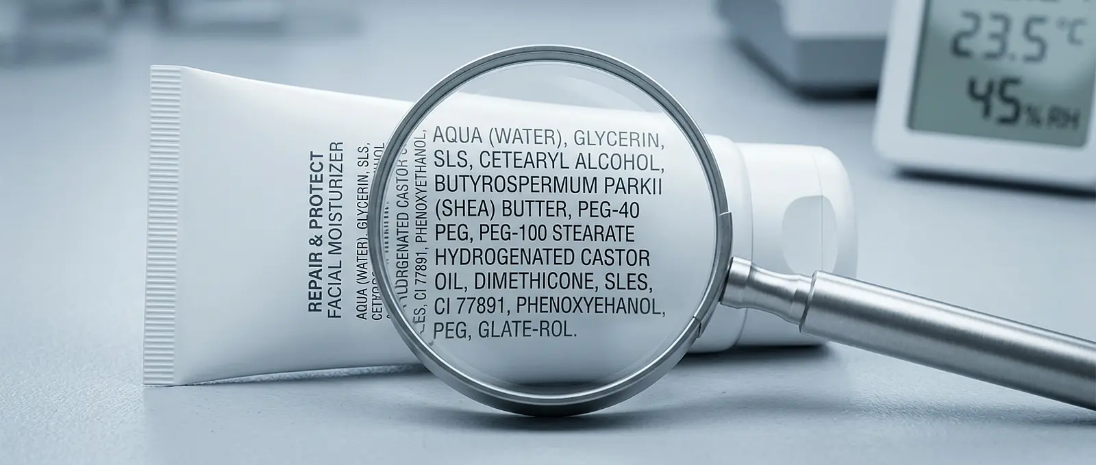 Cosmetic tube with ingredient list magnified by a magnifying glass