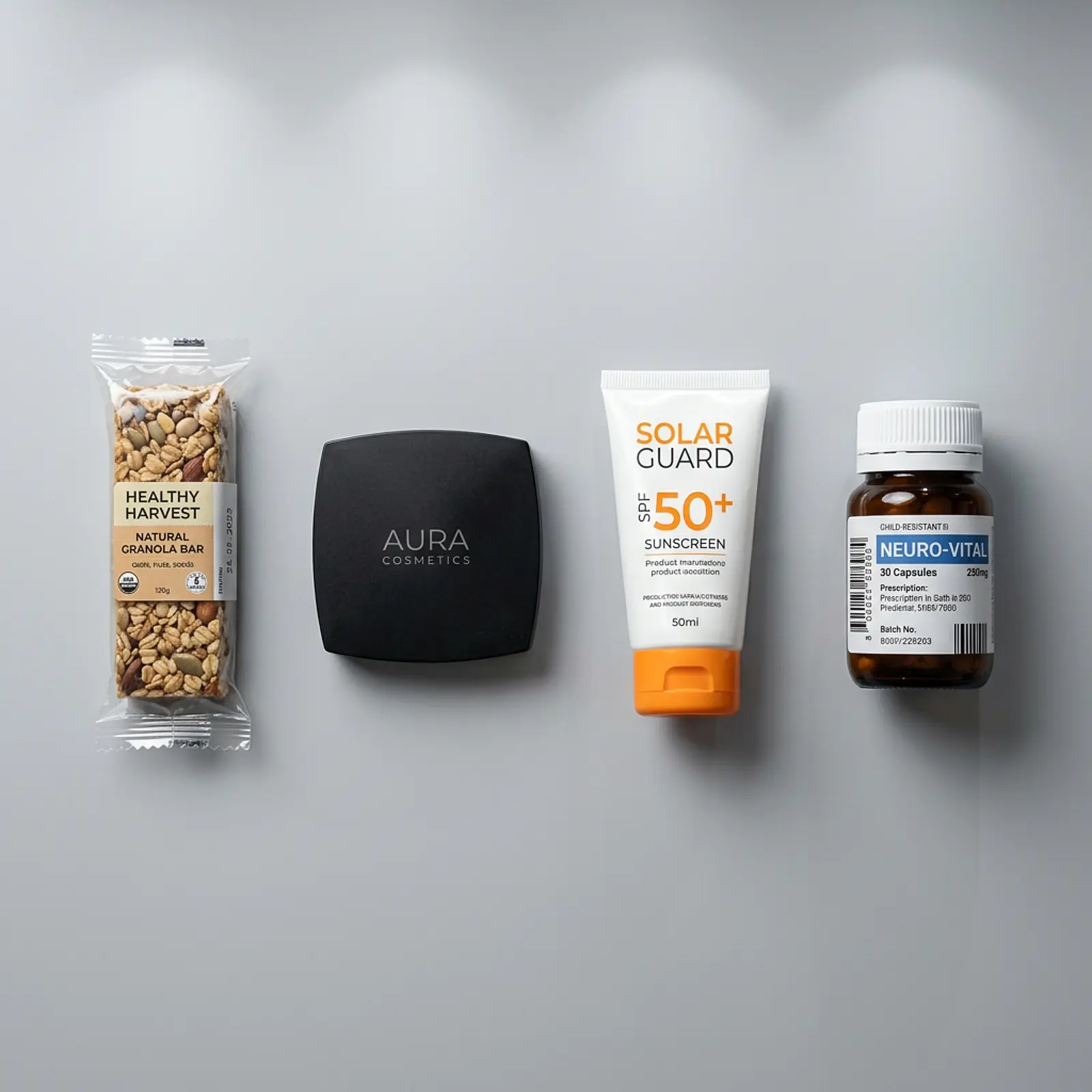 Flat lay of food, cosmetic compact, sunscreen tube, and medicine bottle under spotlights