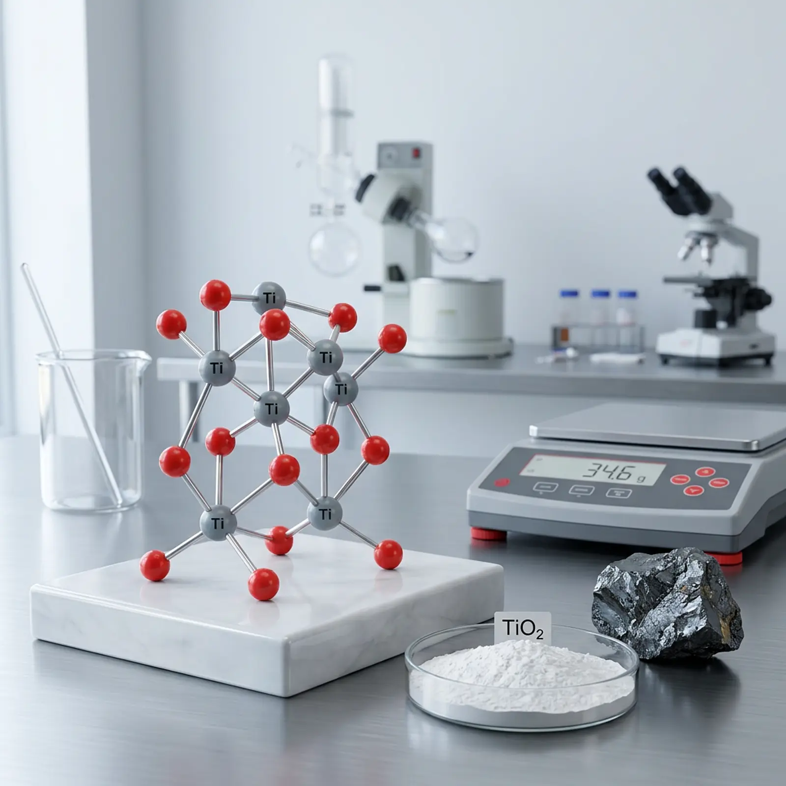 Molecular model of titanium-oxygen bonds next to a dish of white powder and titanium-rich mineral.