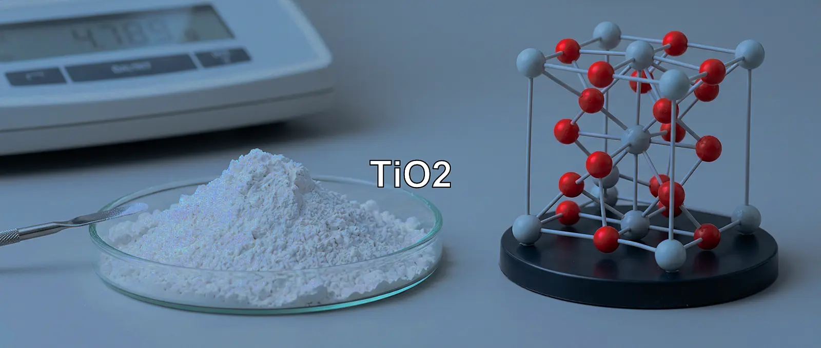 Macro shot of white titanium dioxide powder with TiO2 crystal lattice model on a neutral surface.