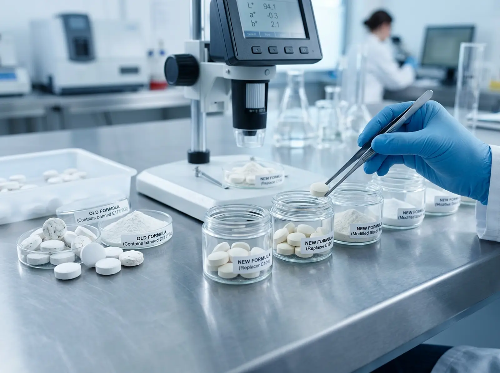 Lab studio with reformulation samples: old and new food samples on the workbench.
