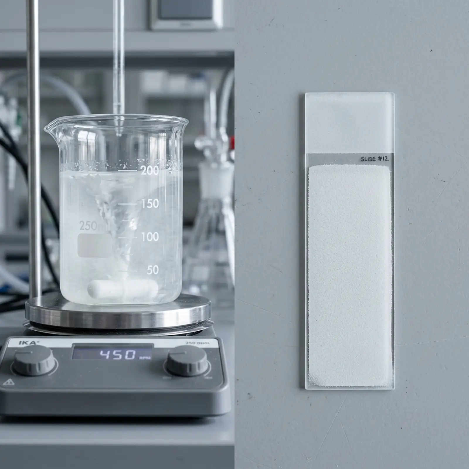 Side-by-side lab comparison of a white powder suspension and coated glass slide