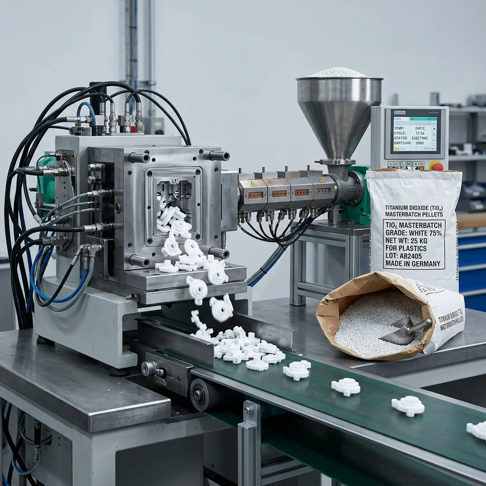 Macro studio photo of an injection molding machine ejecting white plastic parts, TiO₂ pellets nearby