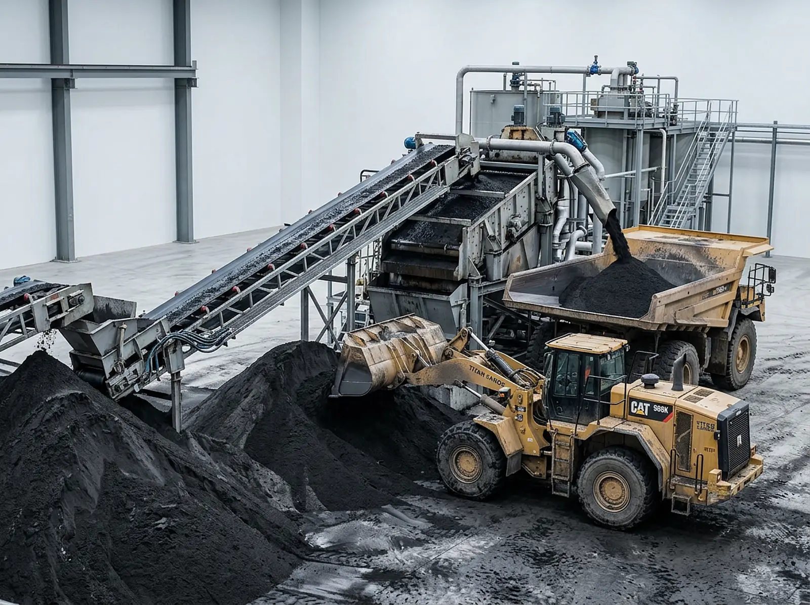 Industrial mining site: heavy machinery processing dark sand as ore is being loaded.