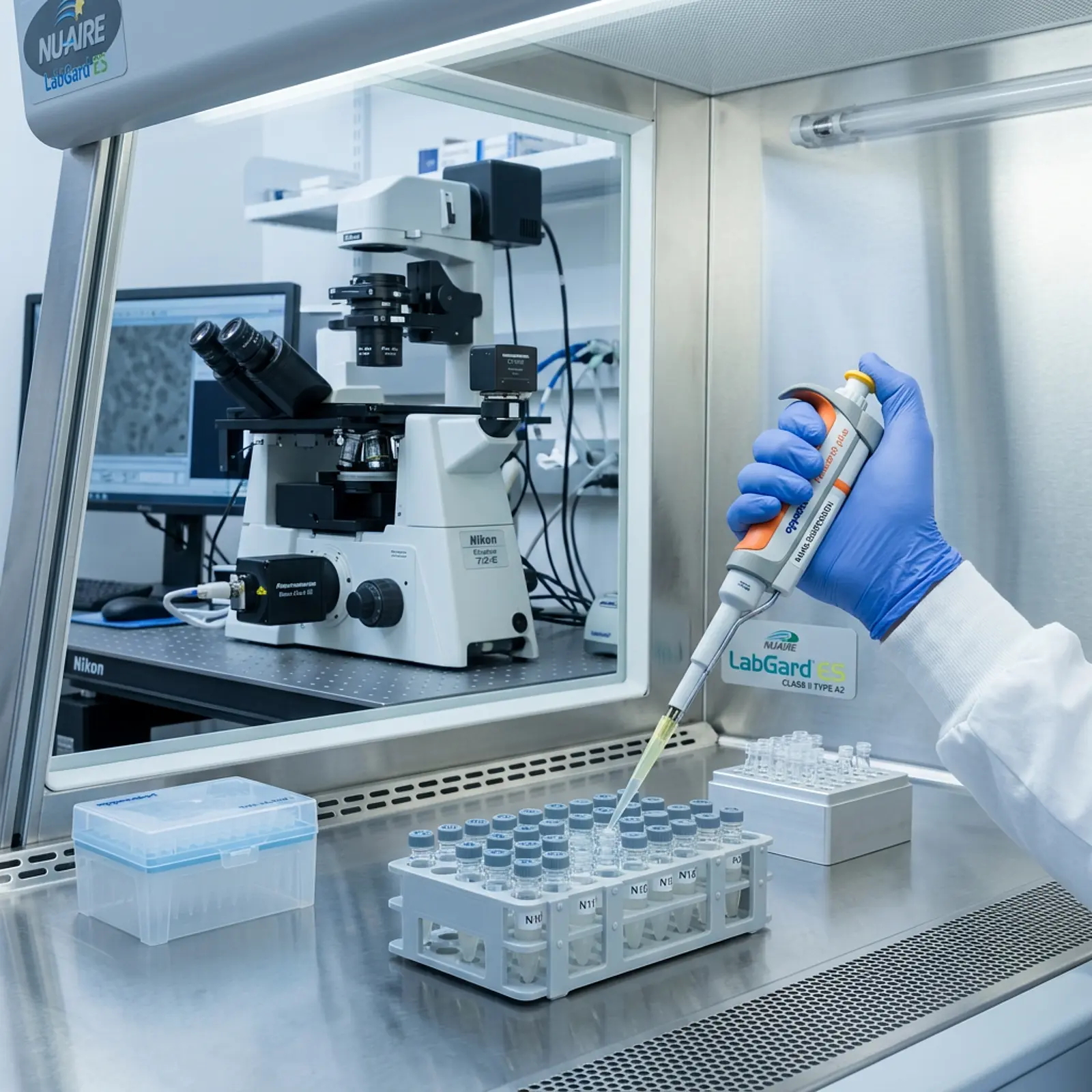 Biomedical researcher pipetting nanoparticle suspension into vials inside biosafety cabinet, macro studio photo