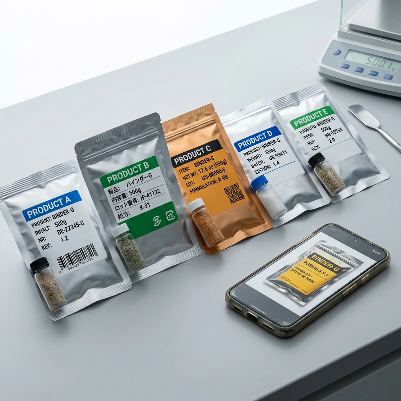 Macro shot of several packages from different countries, cool studio, phone showing an older photo.