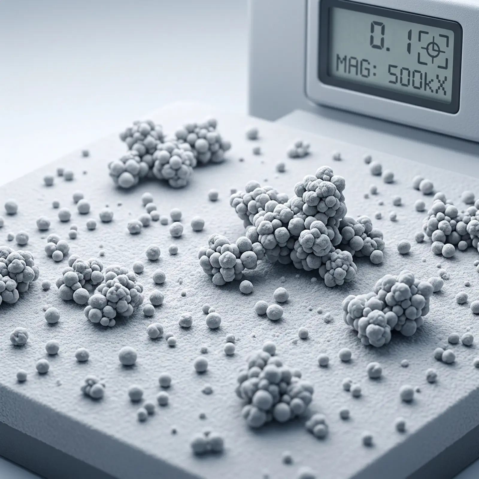Macro close-up of rutile pigment nanoparticles, dispersed and agglomerated, in a clean studio.