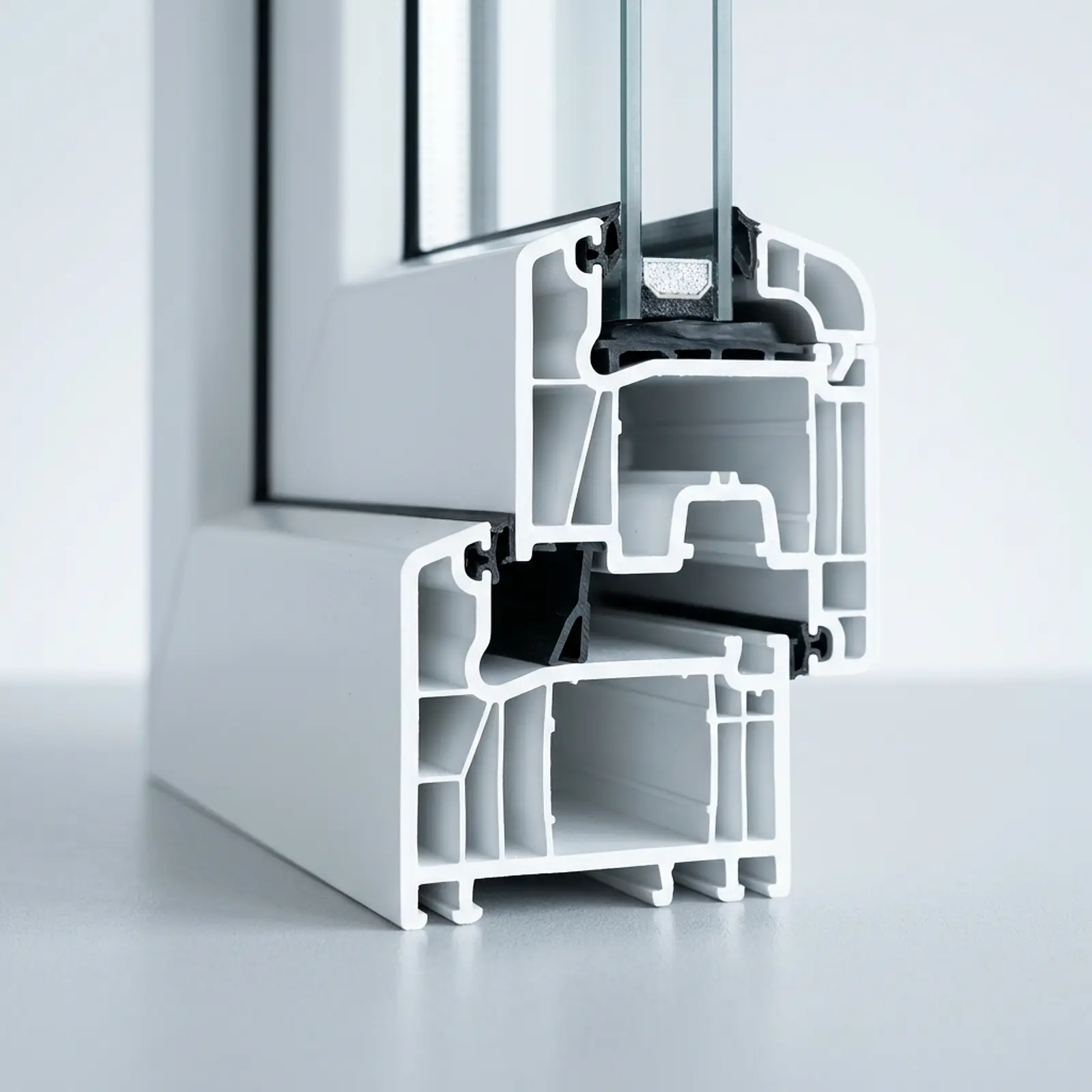 Macro shot of a white PVC window profile with opaque surface in a cool daylight studio.
