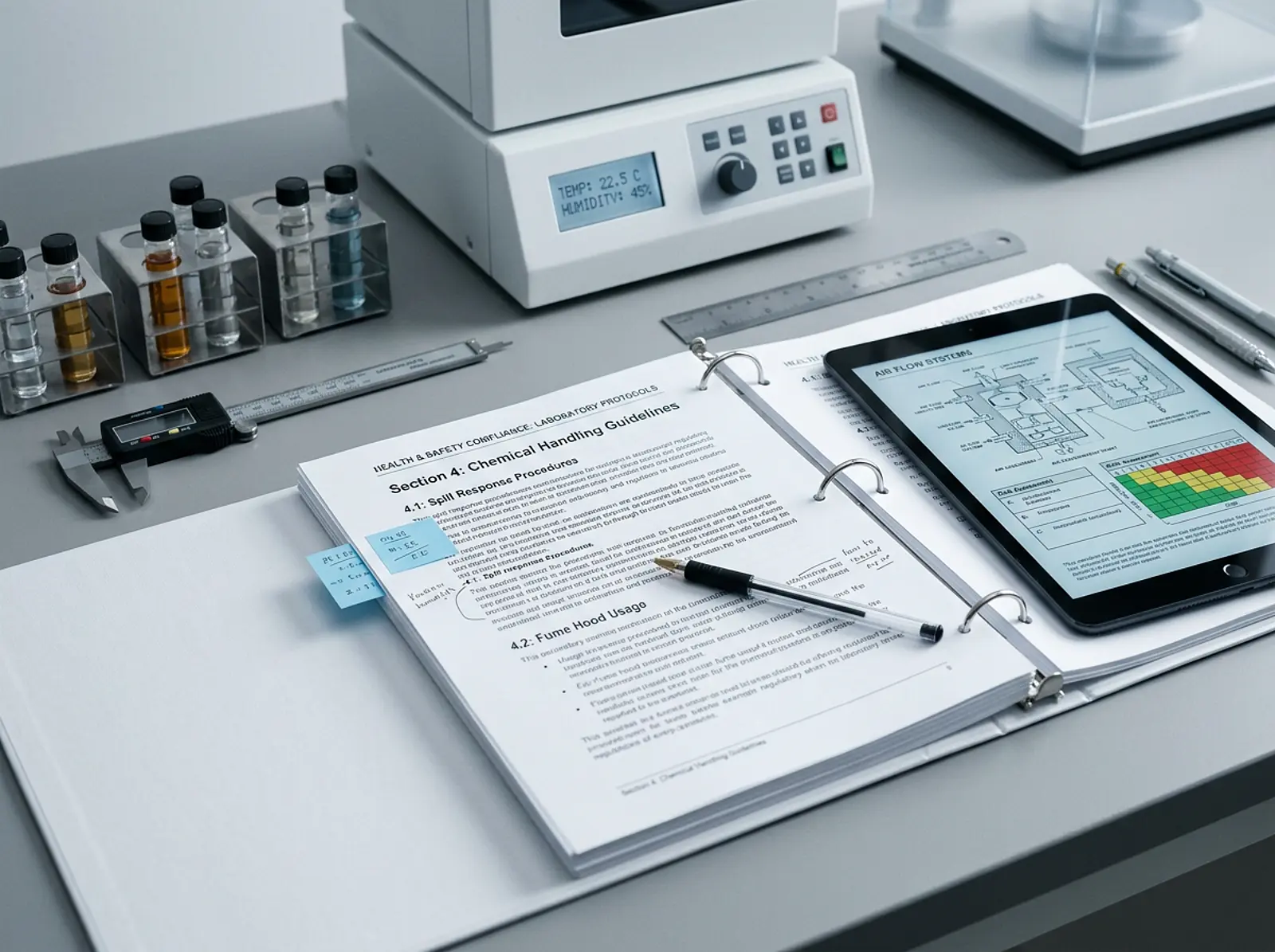 Medical scientist reviews health and safety documents on a clean studio desk with macro details.