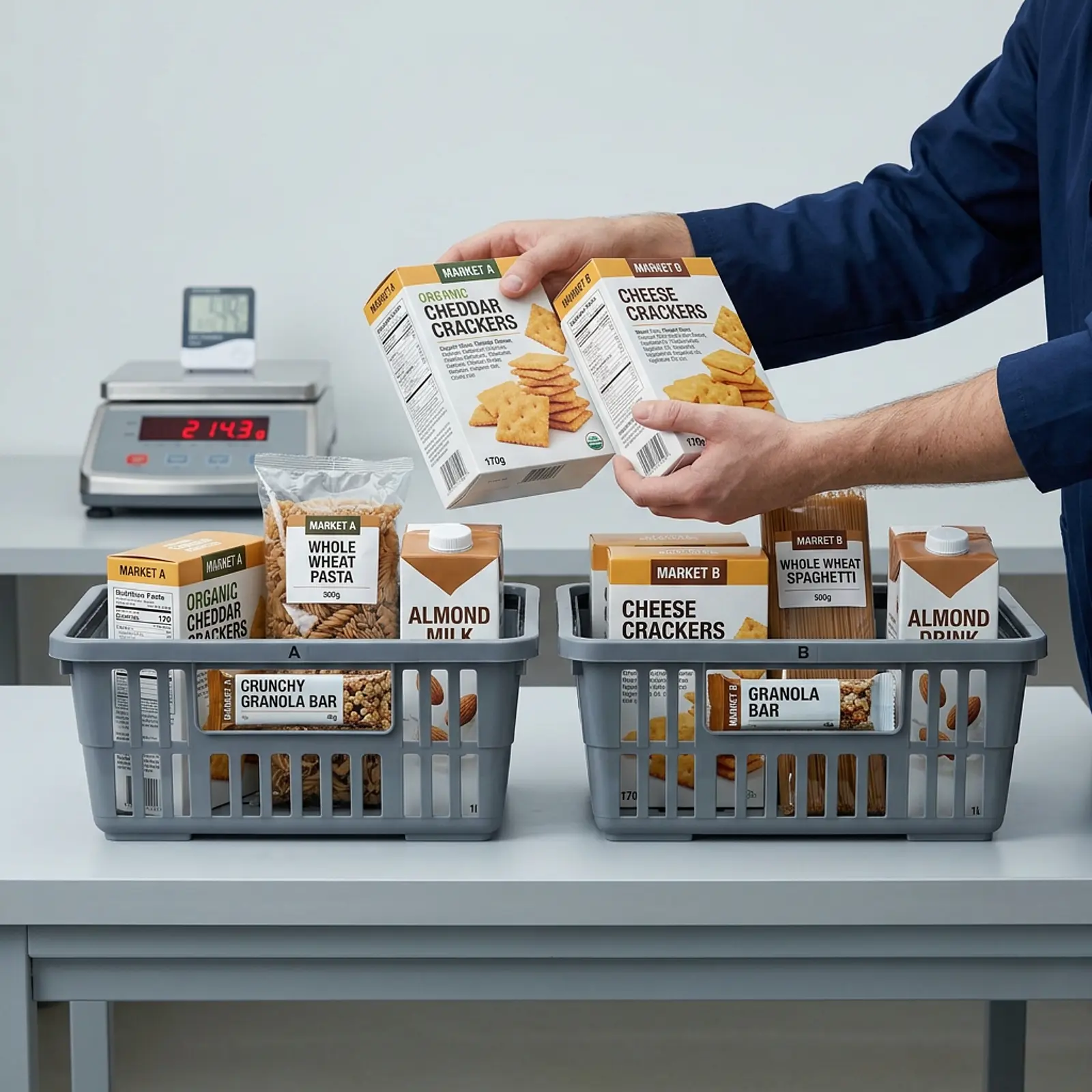 Two shopping baskets with similar food products on the table, studio shot, market comparison.