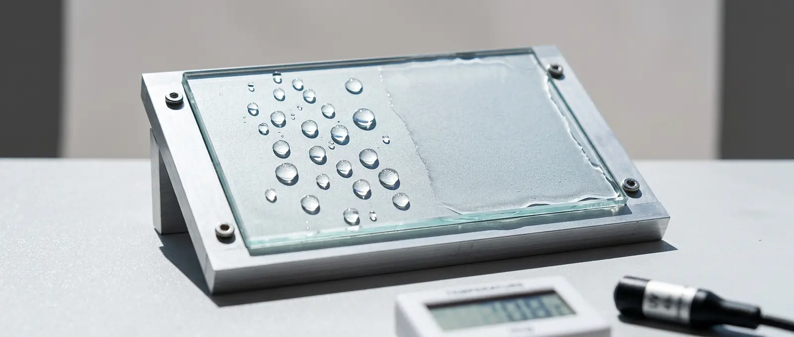 Titanium dioxide-coated glass panel with water droplets in bright sunlight.