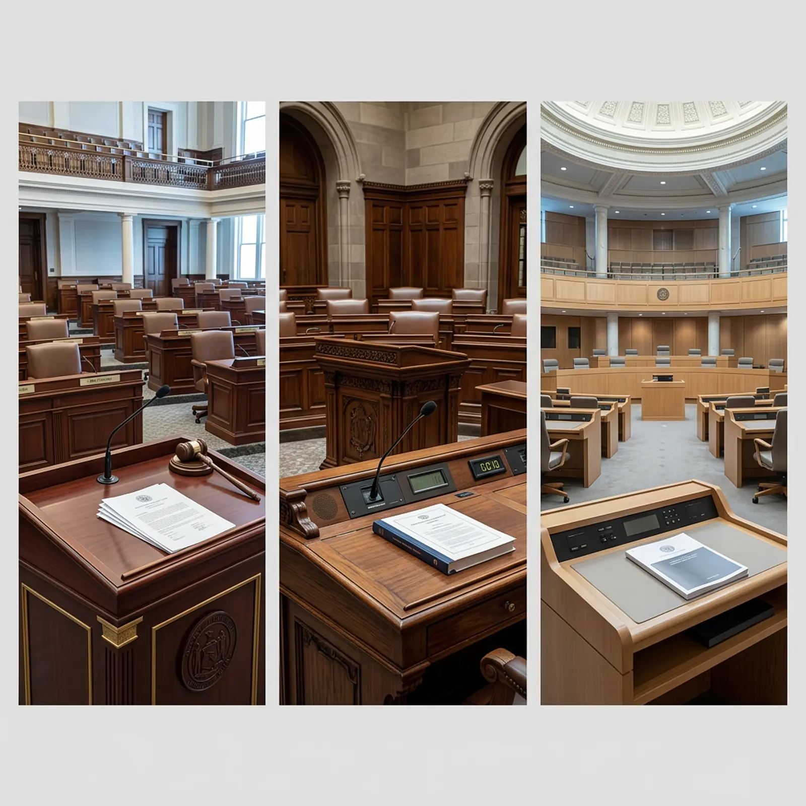 Three nearly empty state legislative chambers, each with a document on the podium