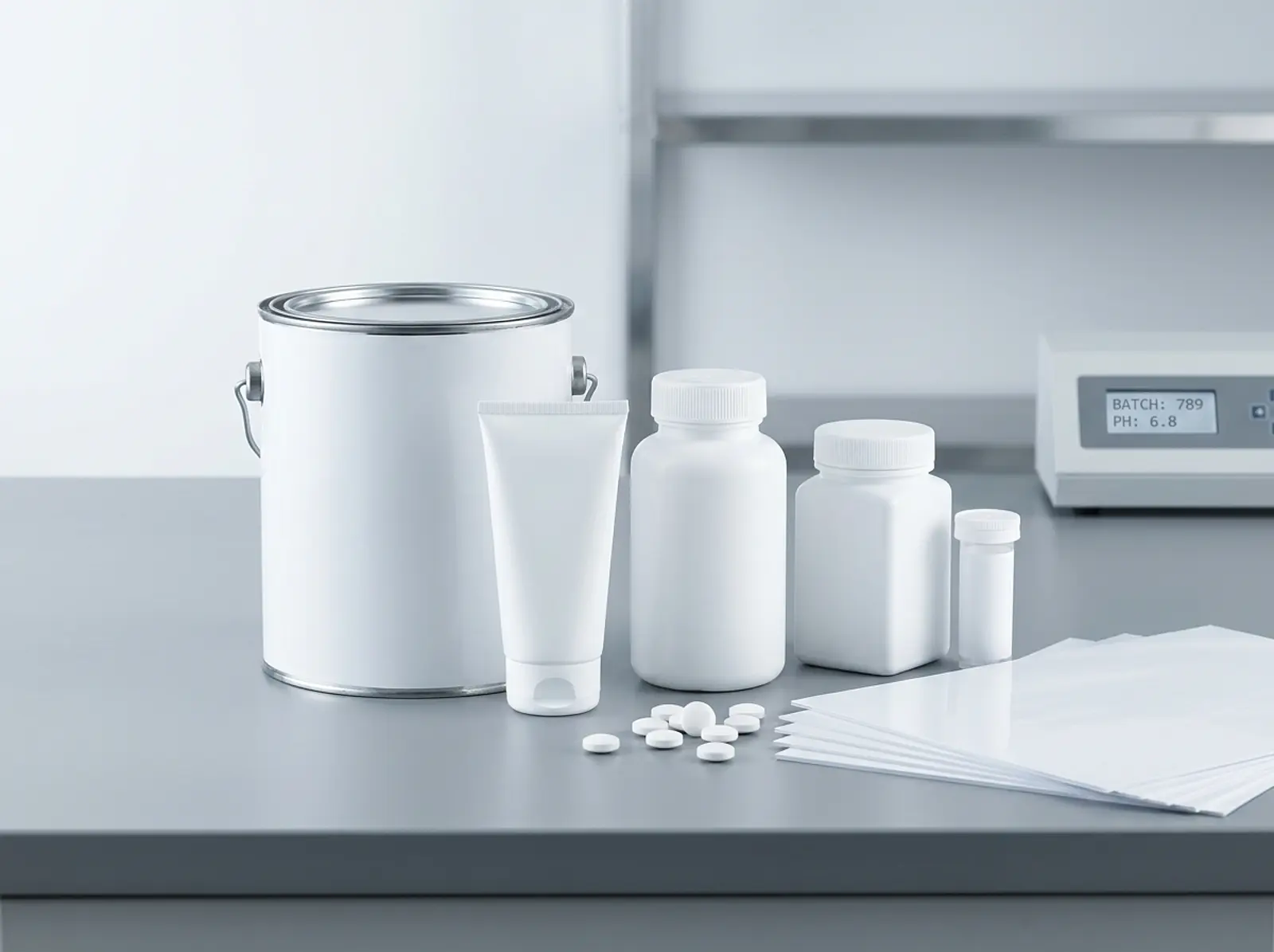 White studio shot: paint can, sunscreen tube, plastic containers, coated tablets, and sheets of paper.
