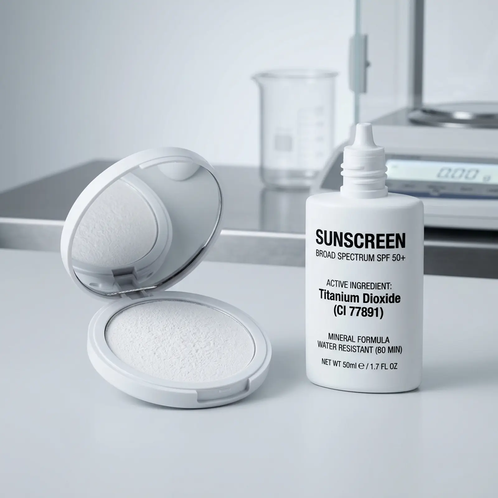 Cosmetic compact with white powder beside a sunscreen bottle labeled Titanium Dioxide.