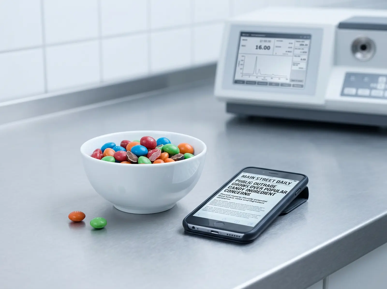 Macro shot: colorful candies on a kitchen table, smartphone showing a news article, consumer reading.