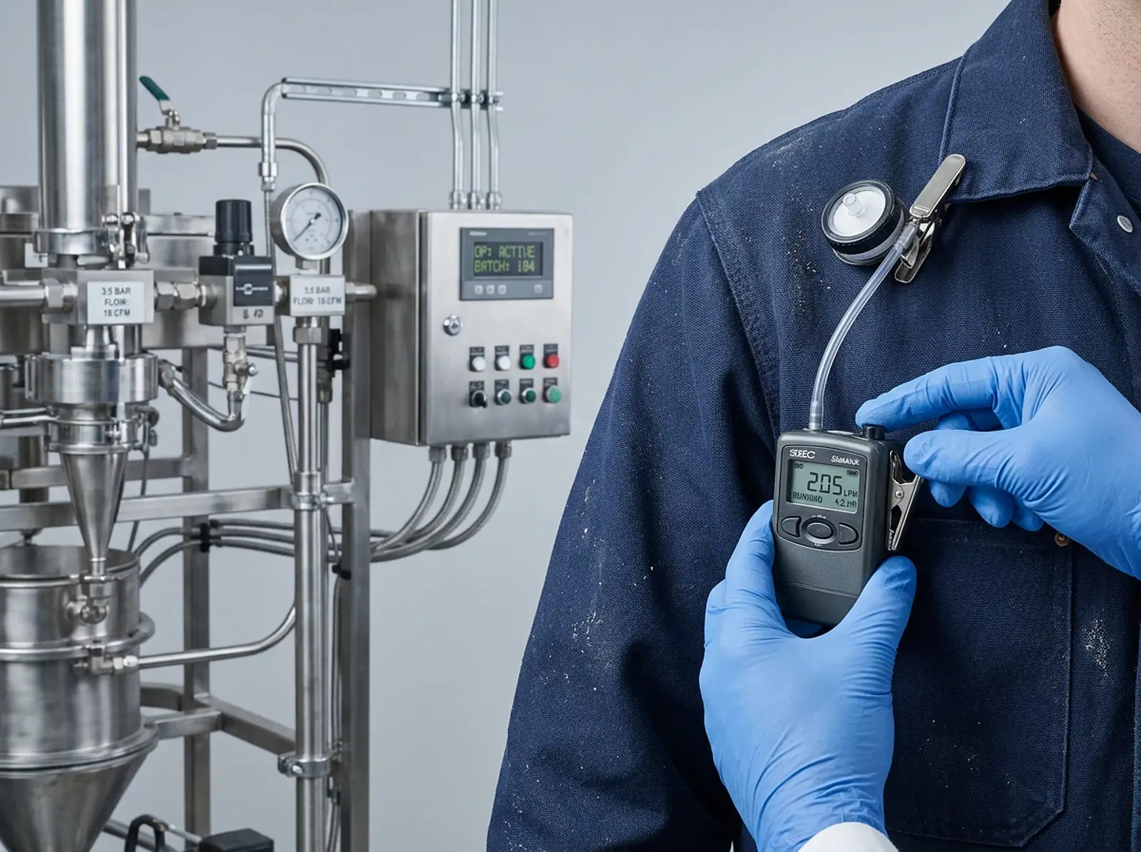 Occupational health technician in a studio holding an air sampling pump near a powder machine