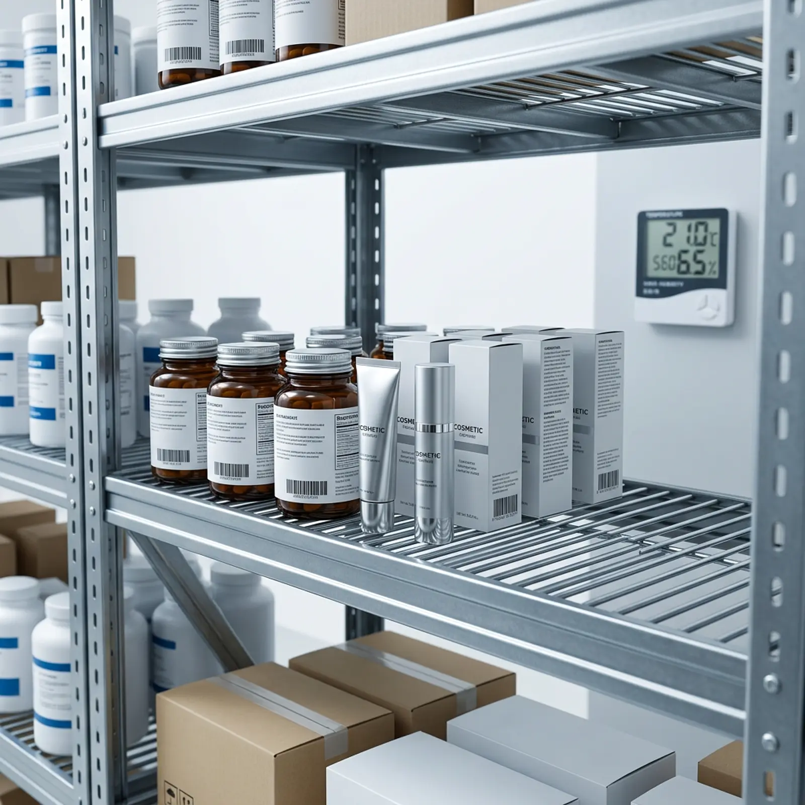 Warehouse shelf with sealed supplements and cosmetics beside an empty food-packaging slot