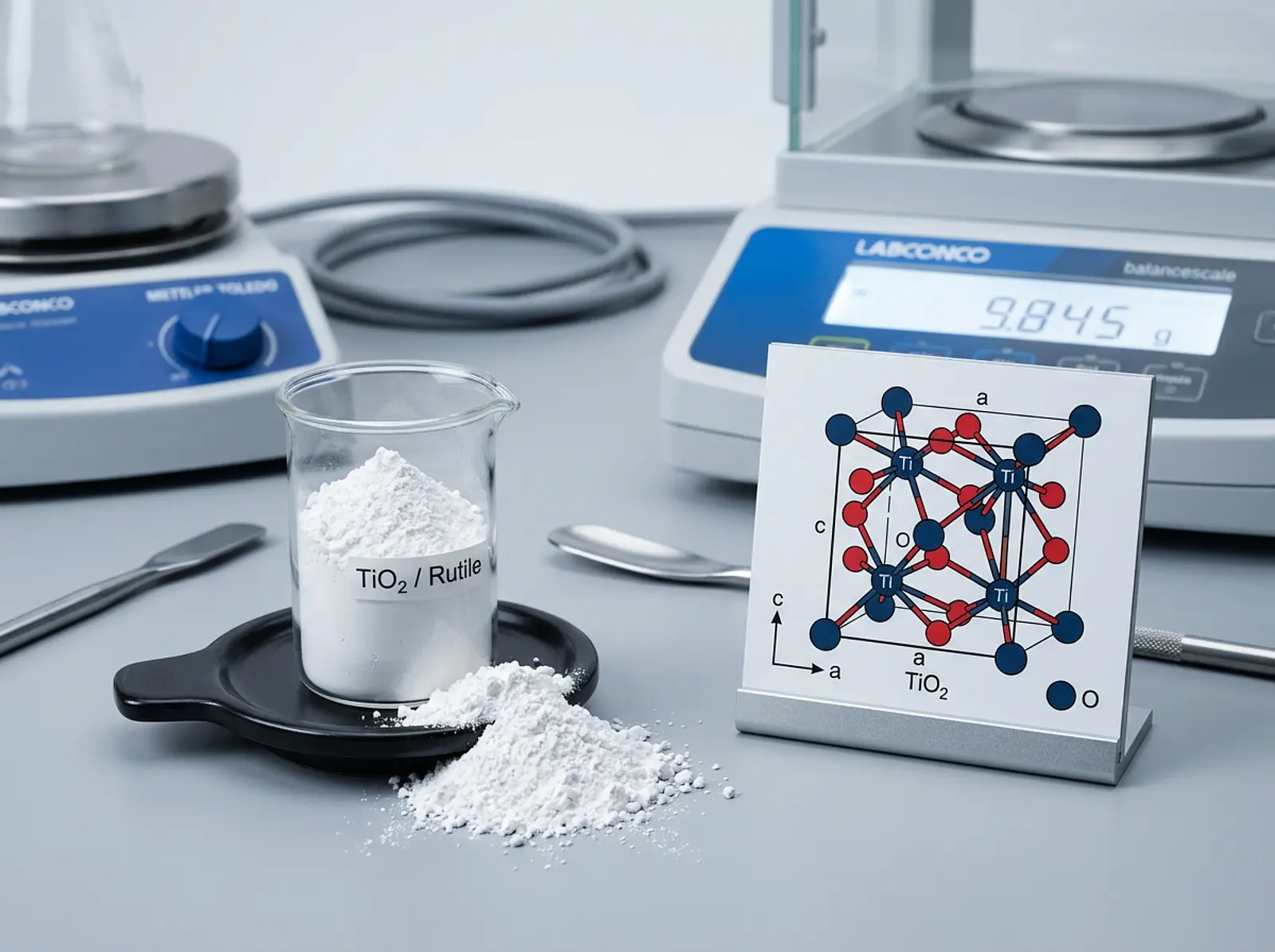 Macro shot of titanium dioxide powder on a bench beside a crystal lattice diagram in a clean studio.