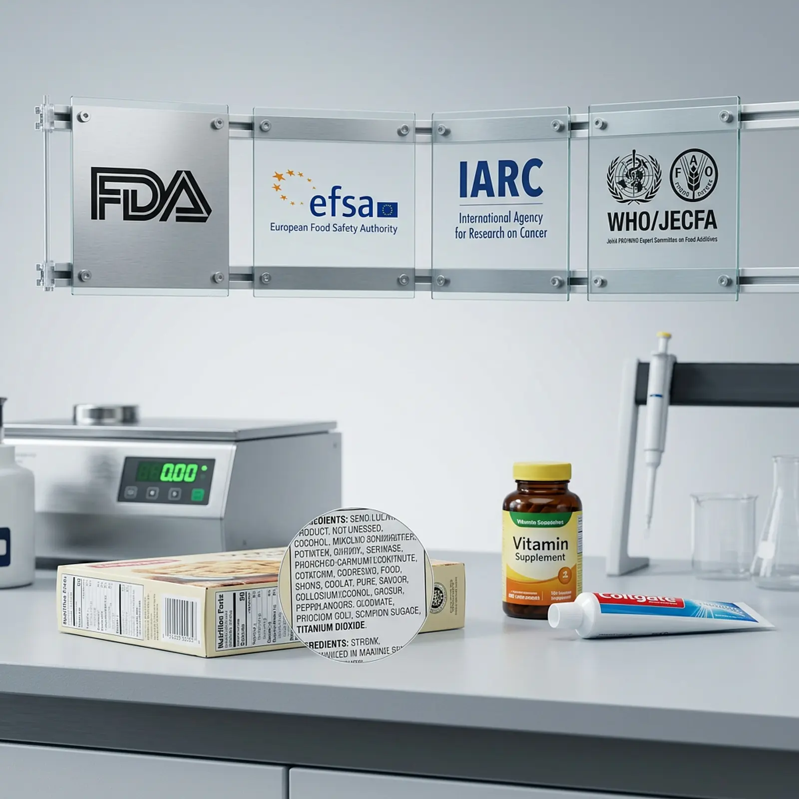 Macro studio shot of consumer products; FDA, EFSA, IARC, WHO/JECFA logos above; titanium dioxide.