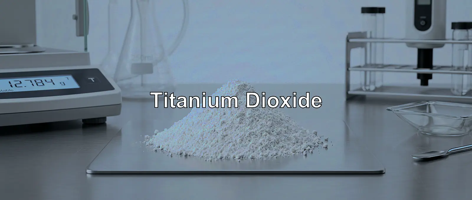Mound of pure white titanium dioxide powder on a clean surface in a sterile studio.