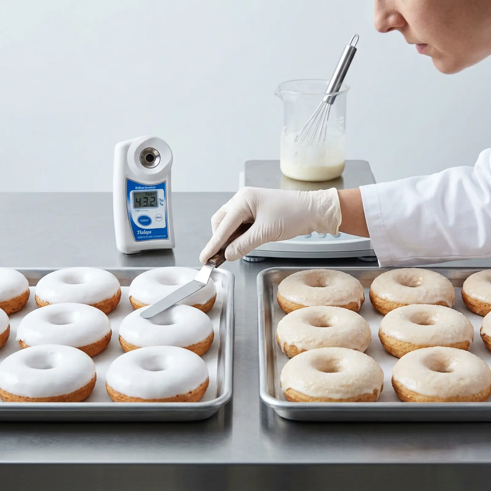 Macro shot of two sugar glazes on donuts; baker inspects surface differences.