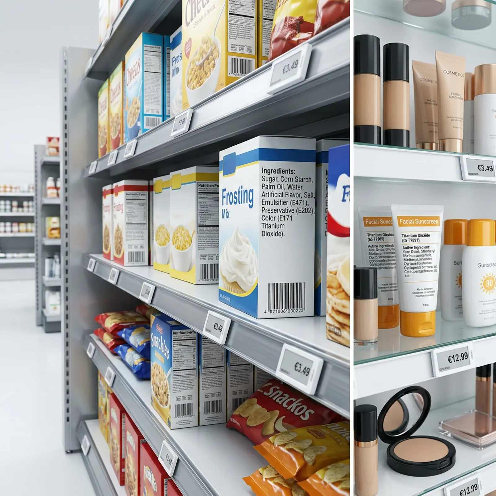 Studio shot of supermarket aisle: E171 listed; cosmetics display shows titanium dioxide.