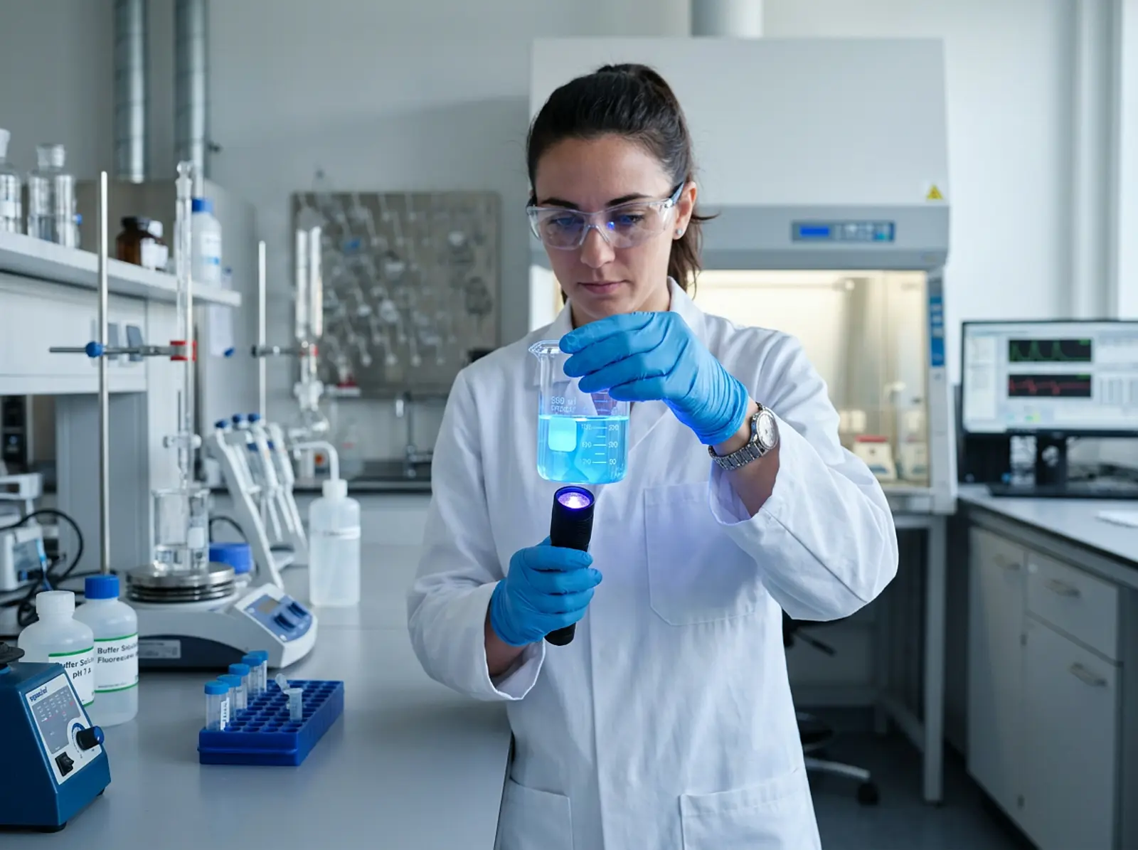 Researcher holding glowing blue UV-lit glass beaker in clean scientific studio macro photo