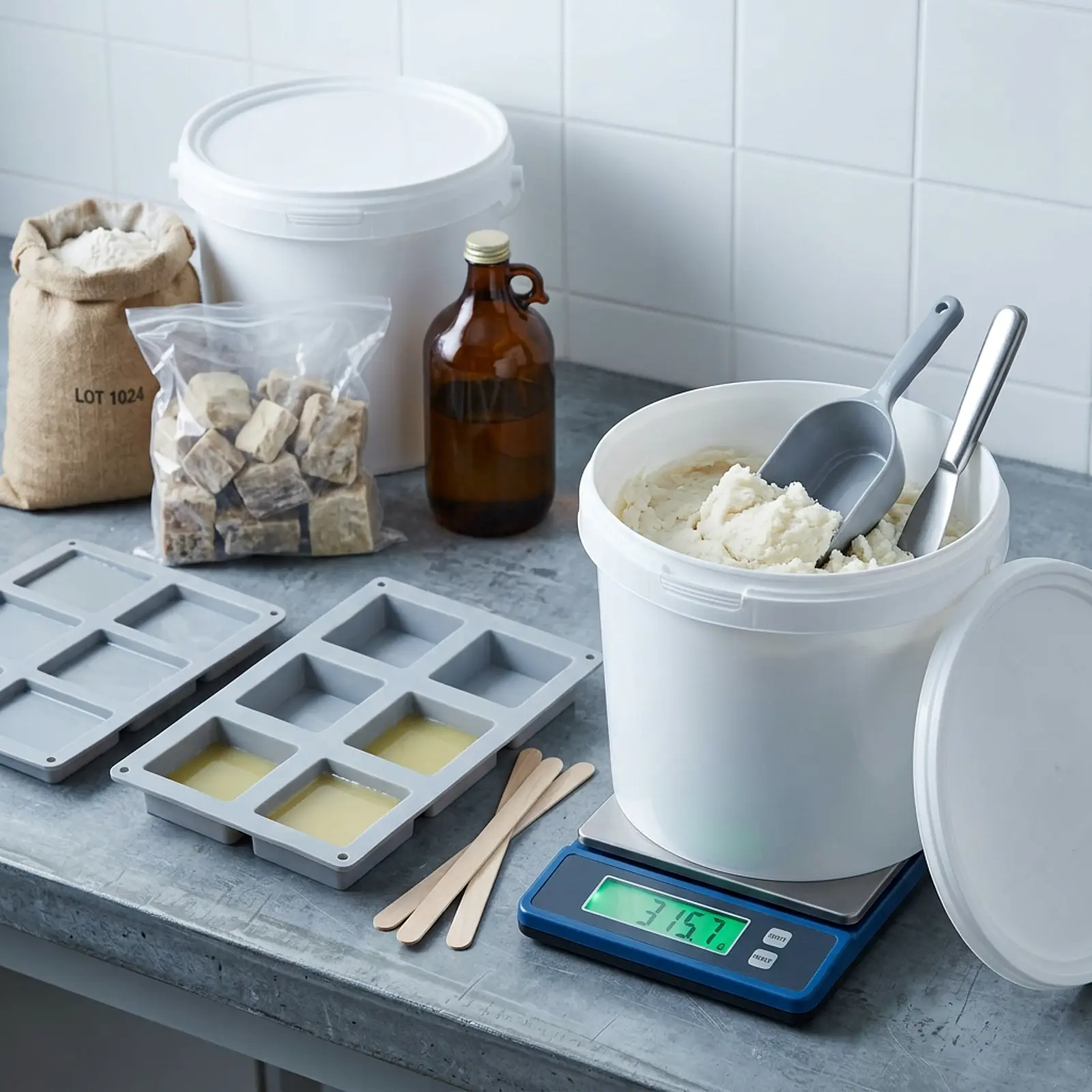 Two unlabeled containers of raw materials on a workbench; one open next to soap molds and mixing tools.