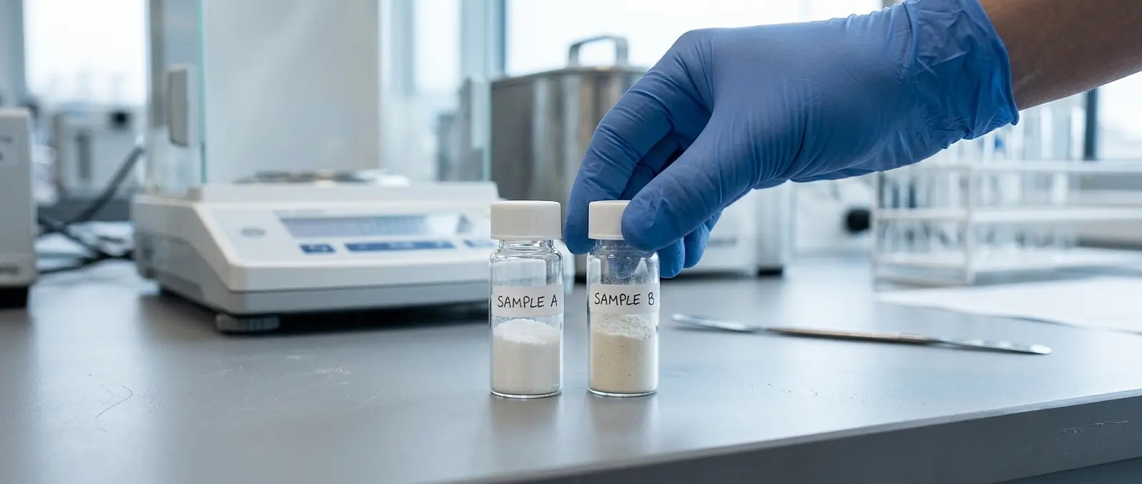 Gloved hand placing two small glass vials with white powder on lab bench, cool studio lighting
