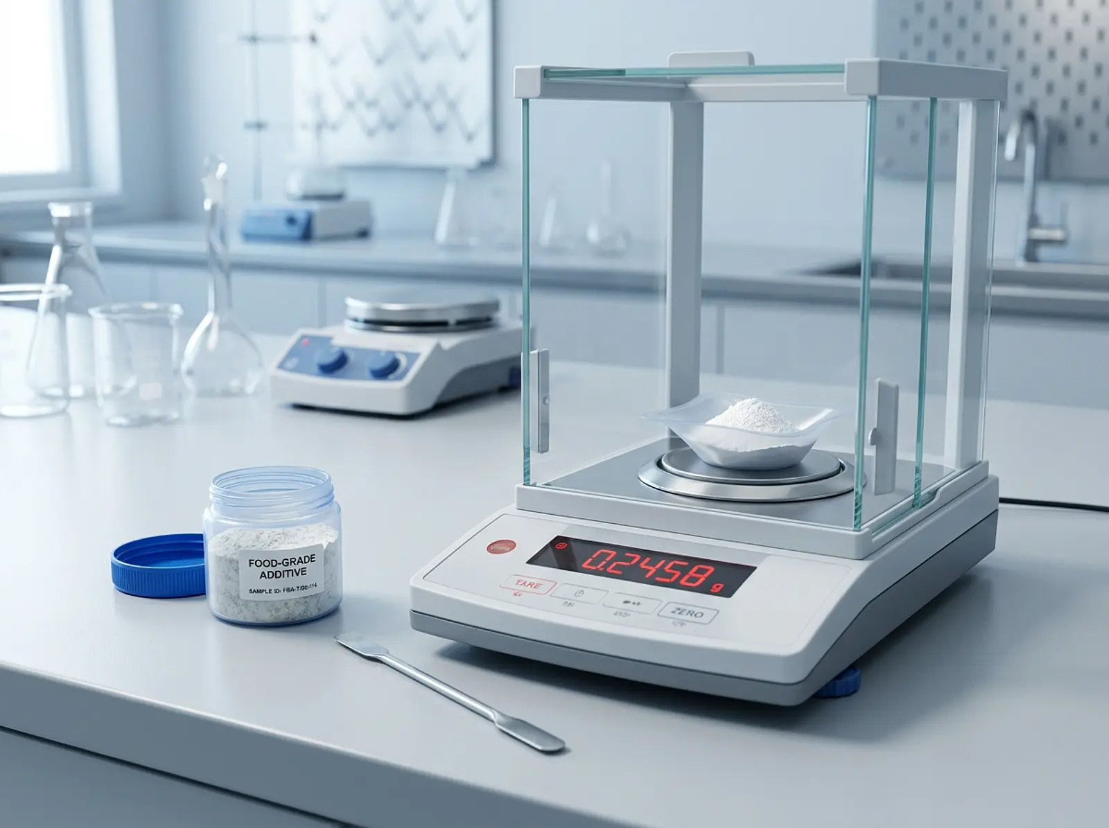 White titanium dioxide powder on precision lab scale beside food additive container, cool studio macro shot