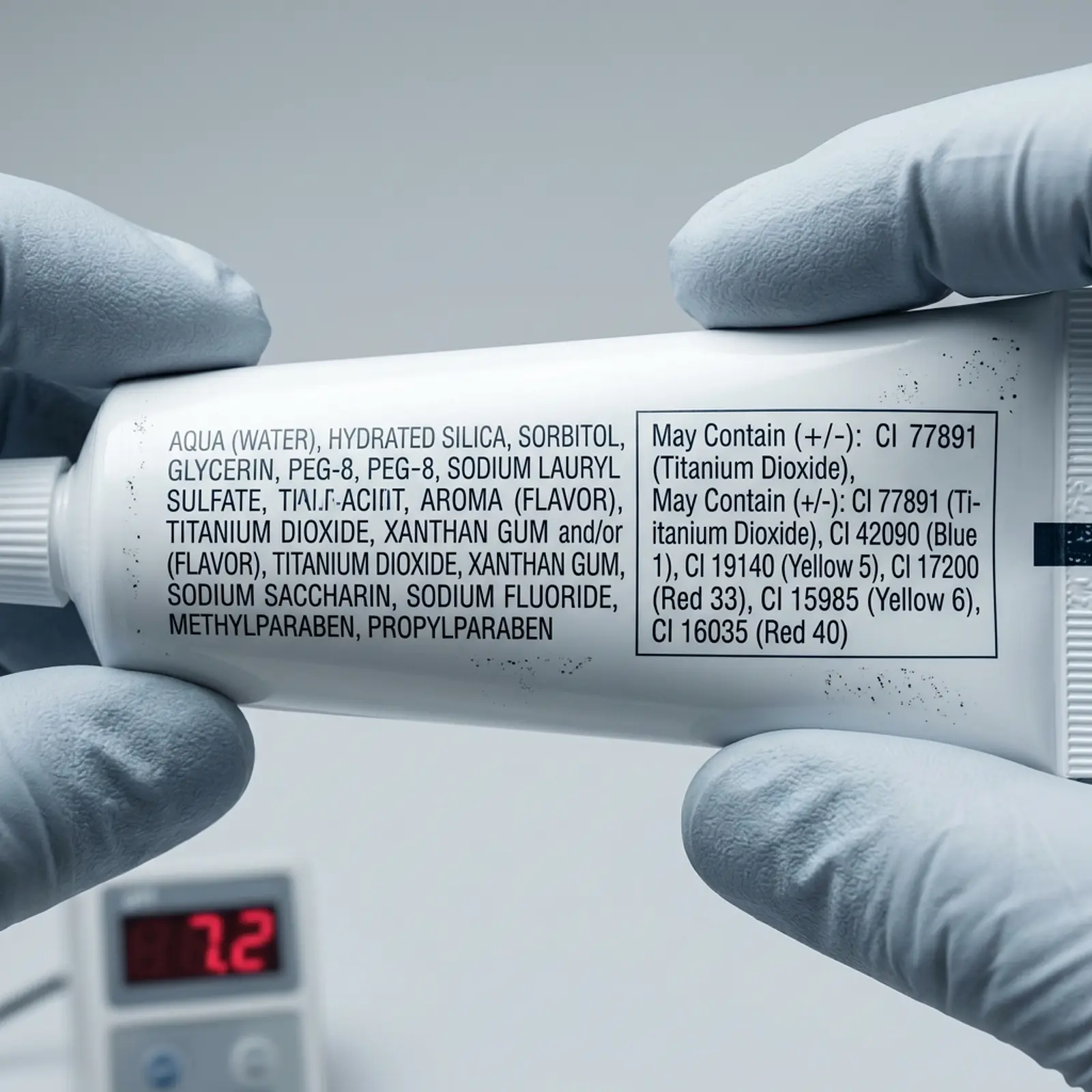 Close-up of a toothpaste ingredient panel on a tube, held between two fingers.