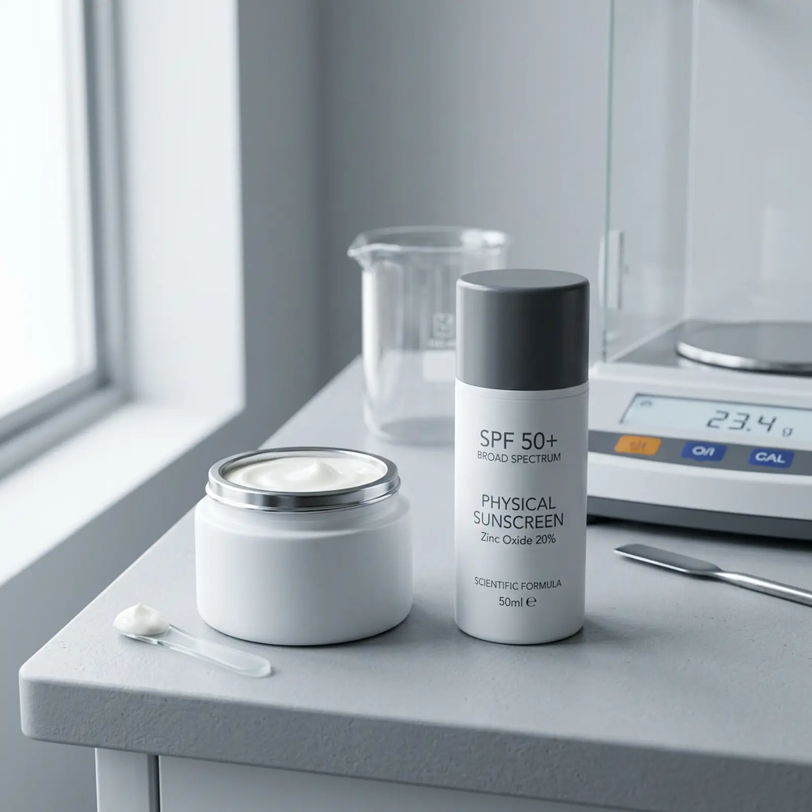 Close-up of white cosmetic cream in a jar beside a sunscreen bottle, studio macro shot.