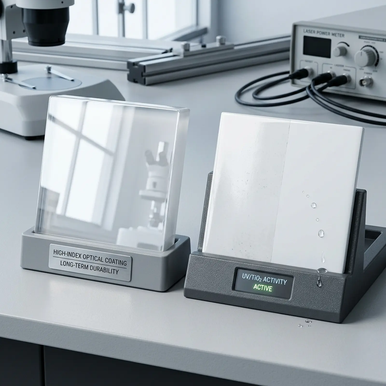 Two glossy white surfaces in a neutral studio; durable vs photocatalytic self-cleaning.