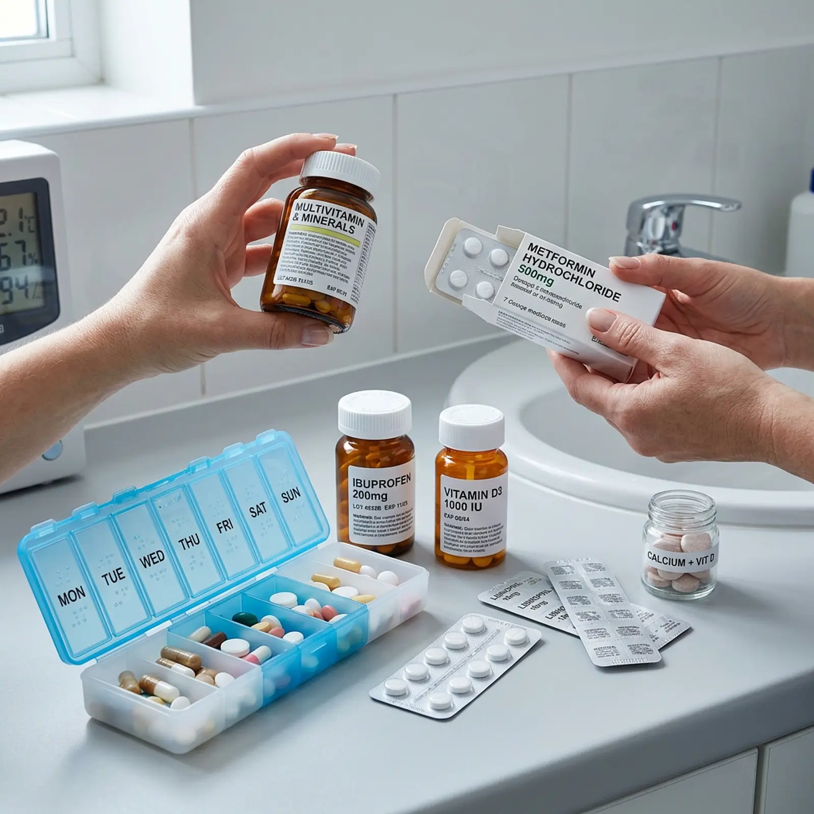 Open pill box next to vitamin bottles; hand compares supplement and medication packaging.