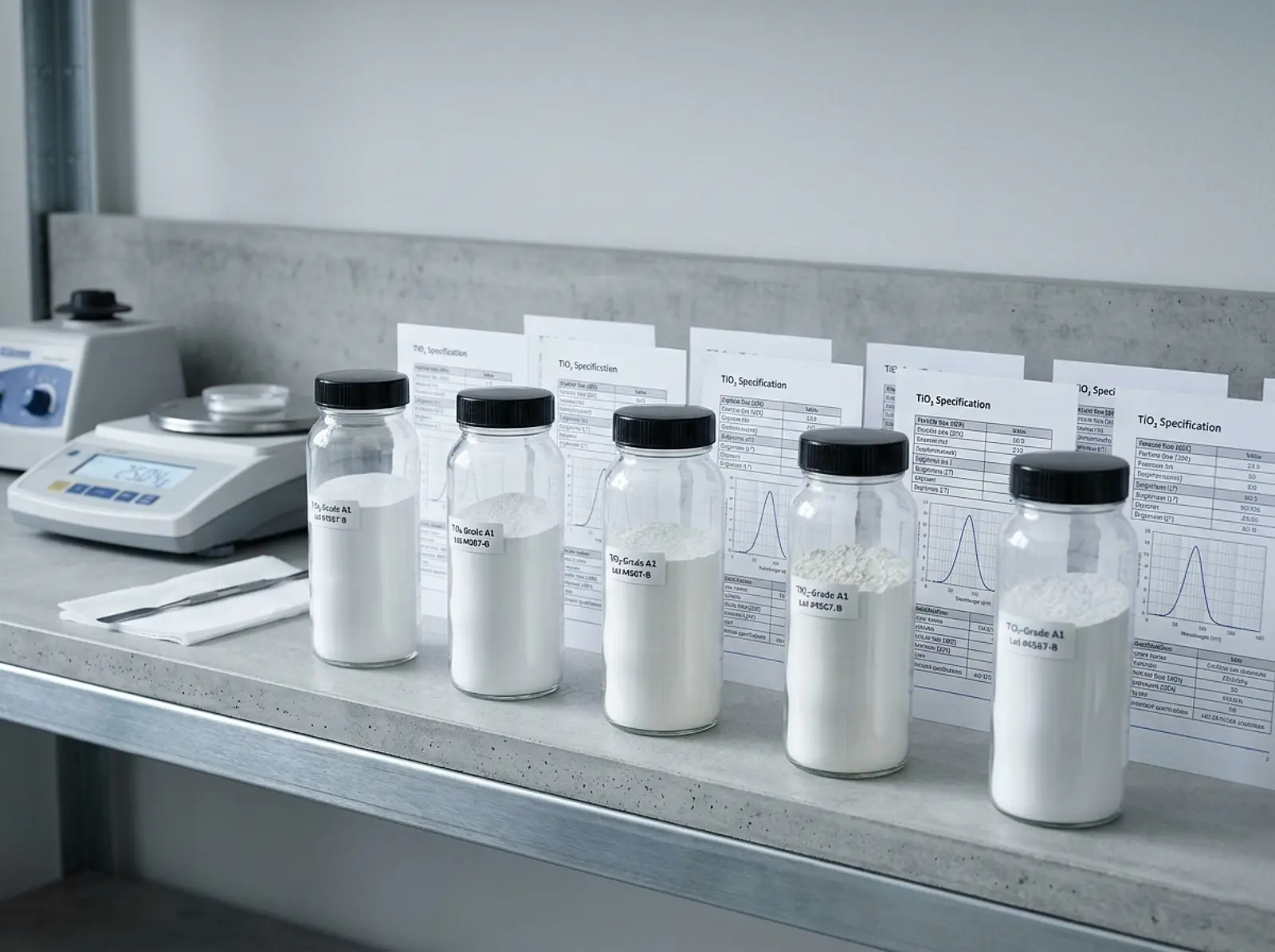 Macro view of QC lab shelf with sealed glass TiO₂ pigment jars and specification sheet on white background