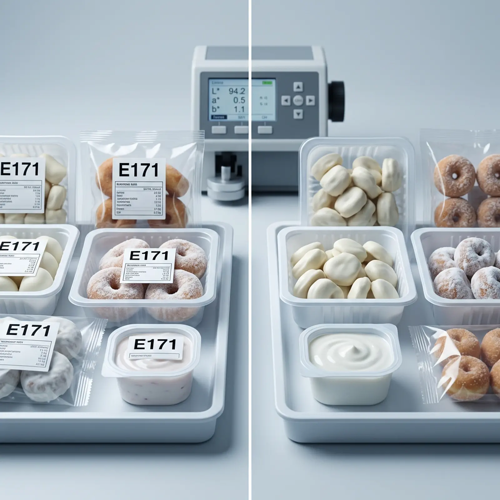 Two side-by-side displays of packaged foods; one labeled E171, on a neutral white-grey backdrop.