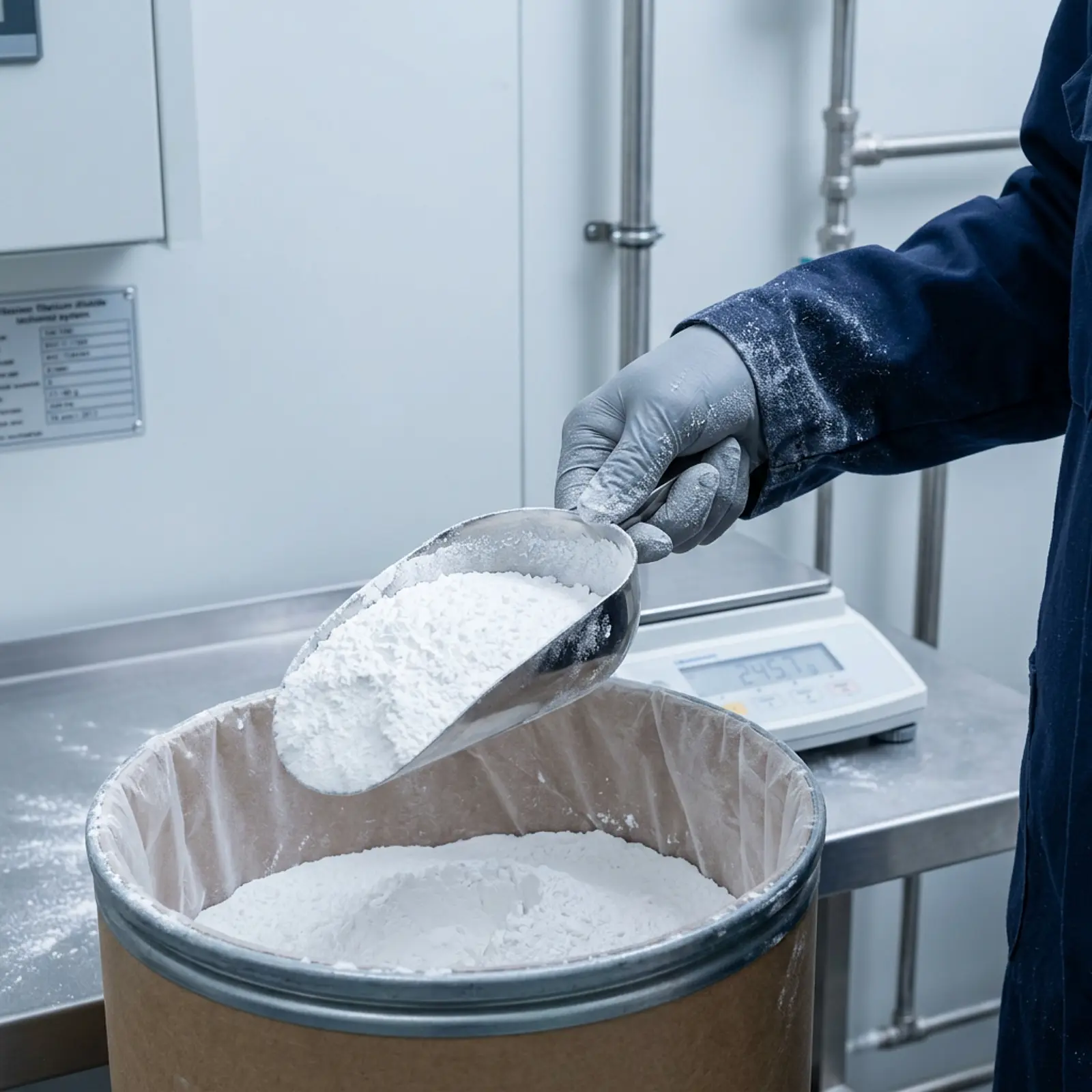 Photorealistic shot of a worker handling white titanium dioxide in a dusty industrial setting.
