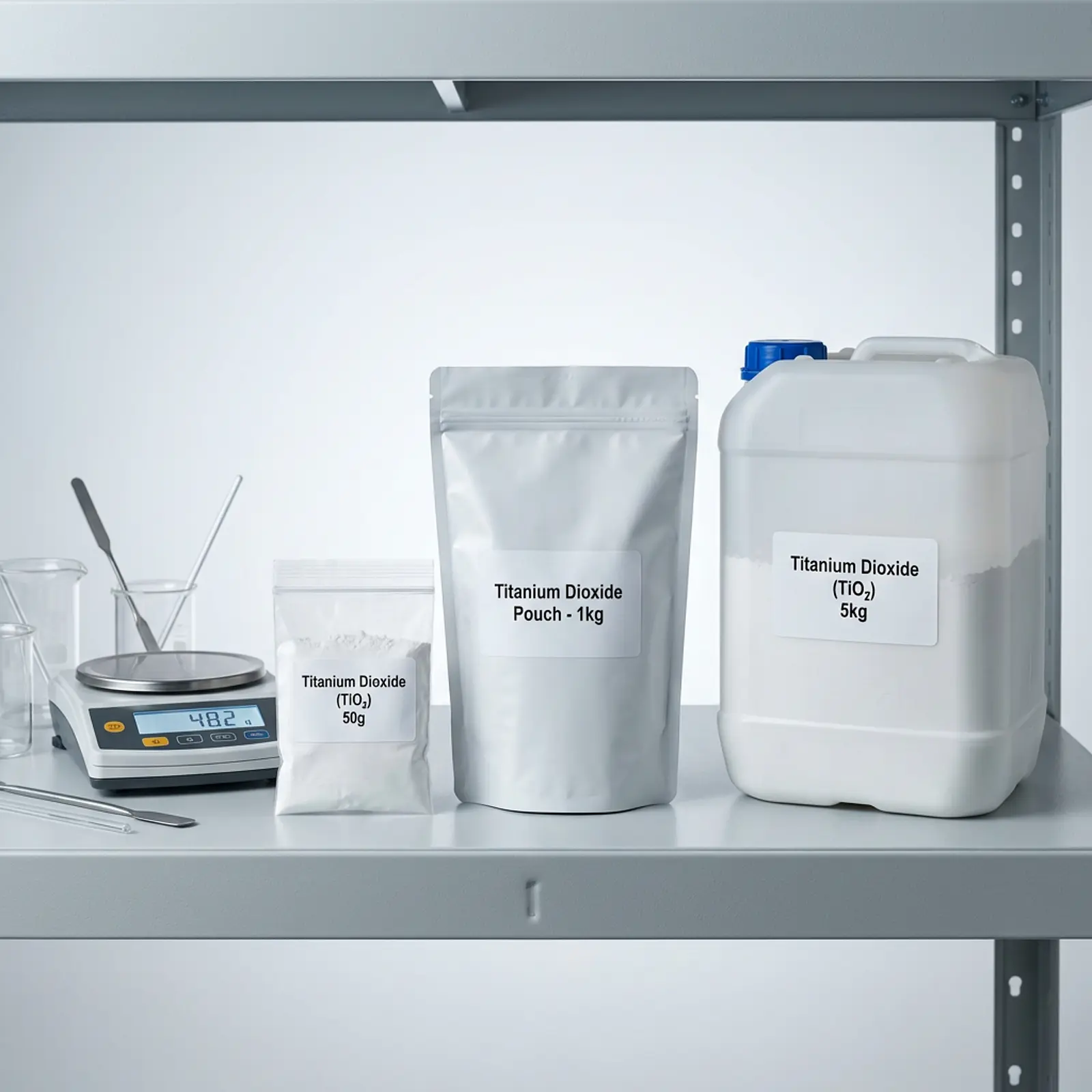 Clean studio shot: titanium dioxide packaging in various sizes on a soap-making shelf