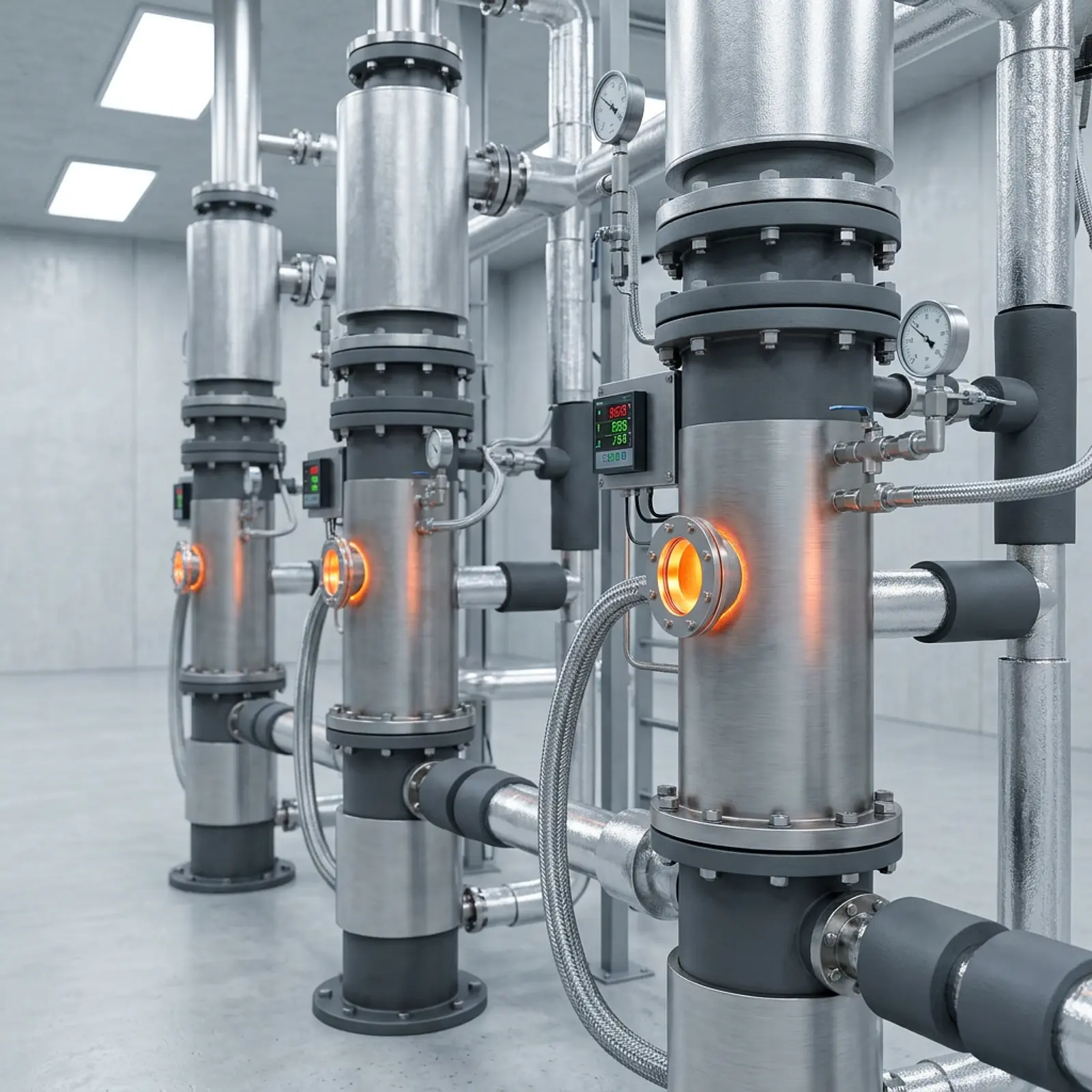 High-temperature chlorinator reactor columns with glowing heat and insulated piping in a clean lab plant